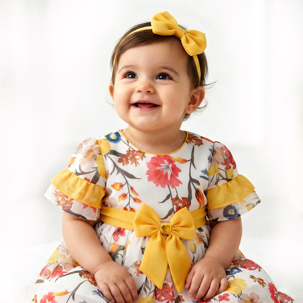Toddler Girls’ Sunshine Floral Garden Dress with Sweet Yellow Bow