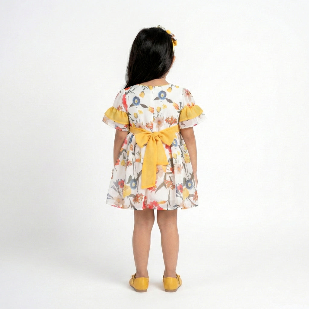 Girls’ Whimsical Floral Occasion Dress – Yellow Bow Accent & Flutter Sleeves