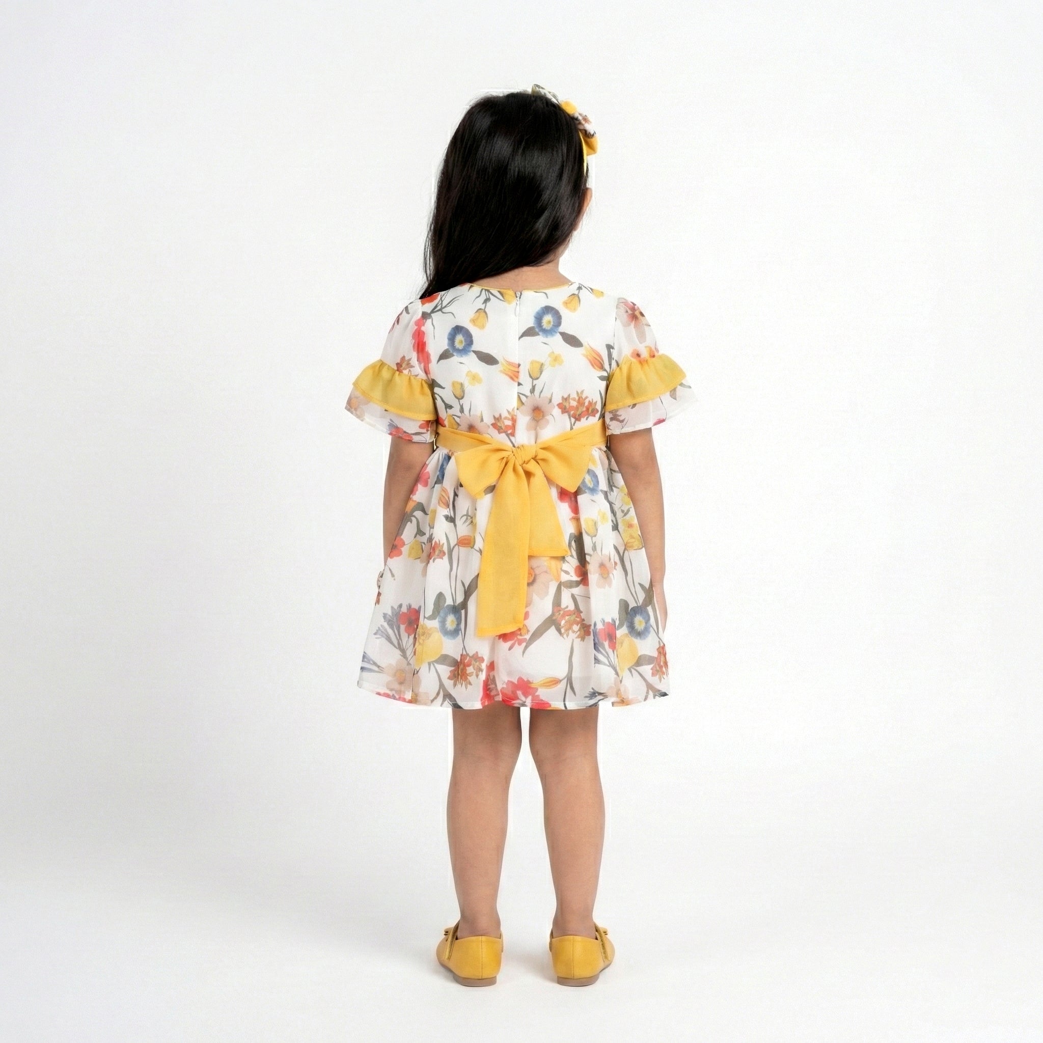 Girls’ Whimsical Floral Occasion Dress – Yellow Bow Accent & Flutter Sleeves