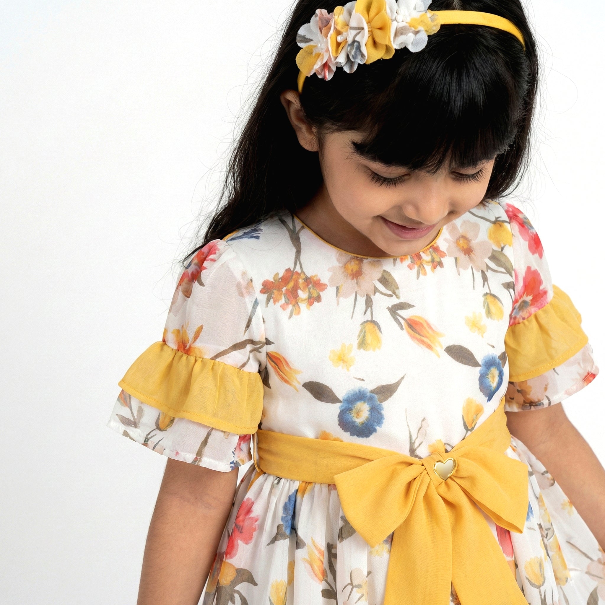 Girls’ Whimsical Floral Occasion Dress – Yellow Bow Accent & Flutter Sleeves