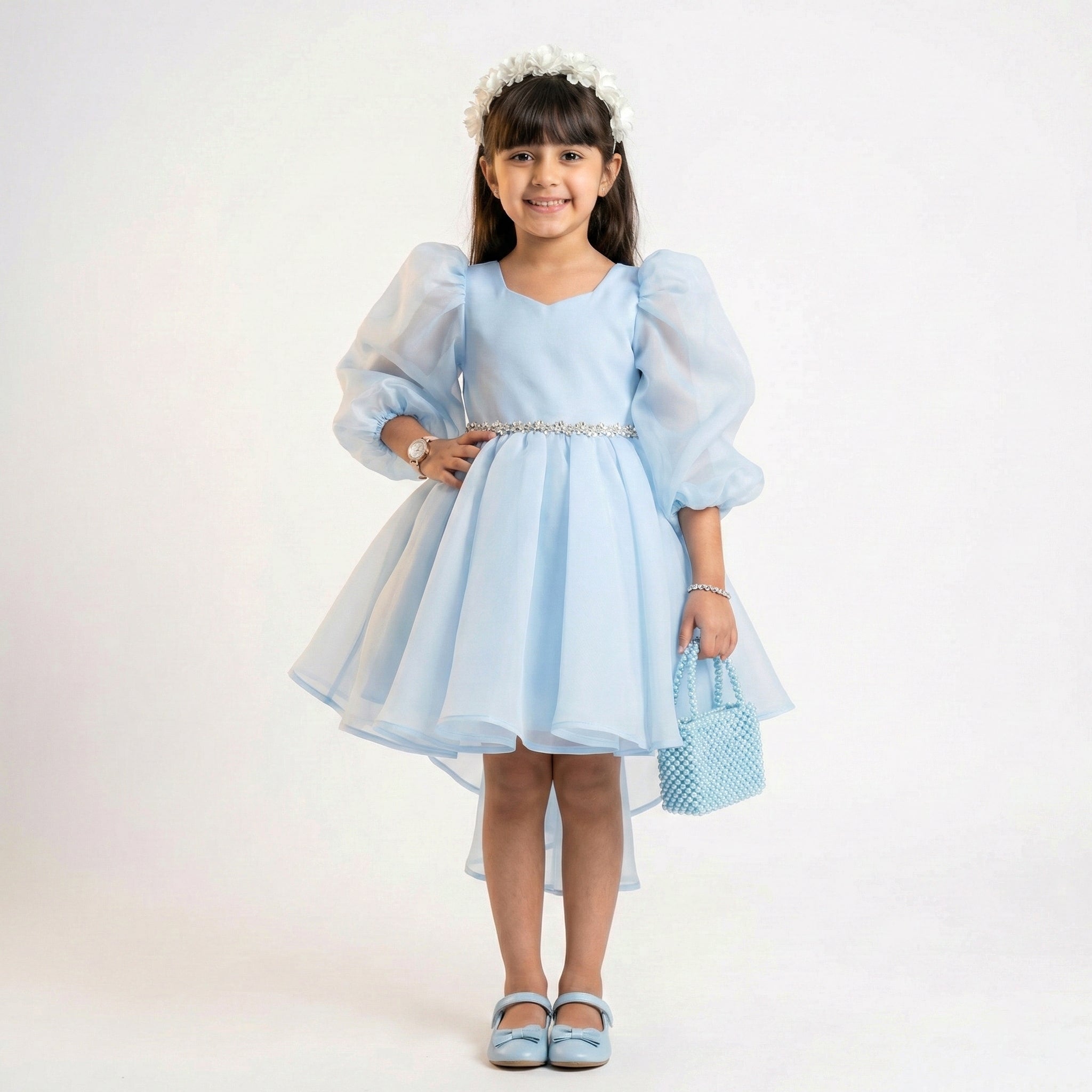 Girls Organza High-Low Party Gown with Embellished Bow Detail