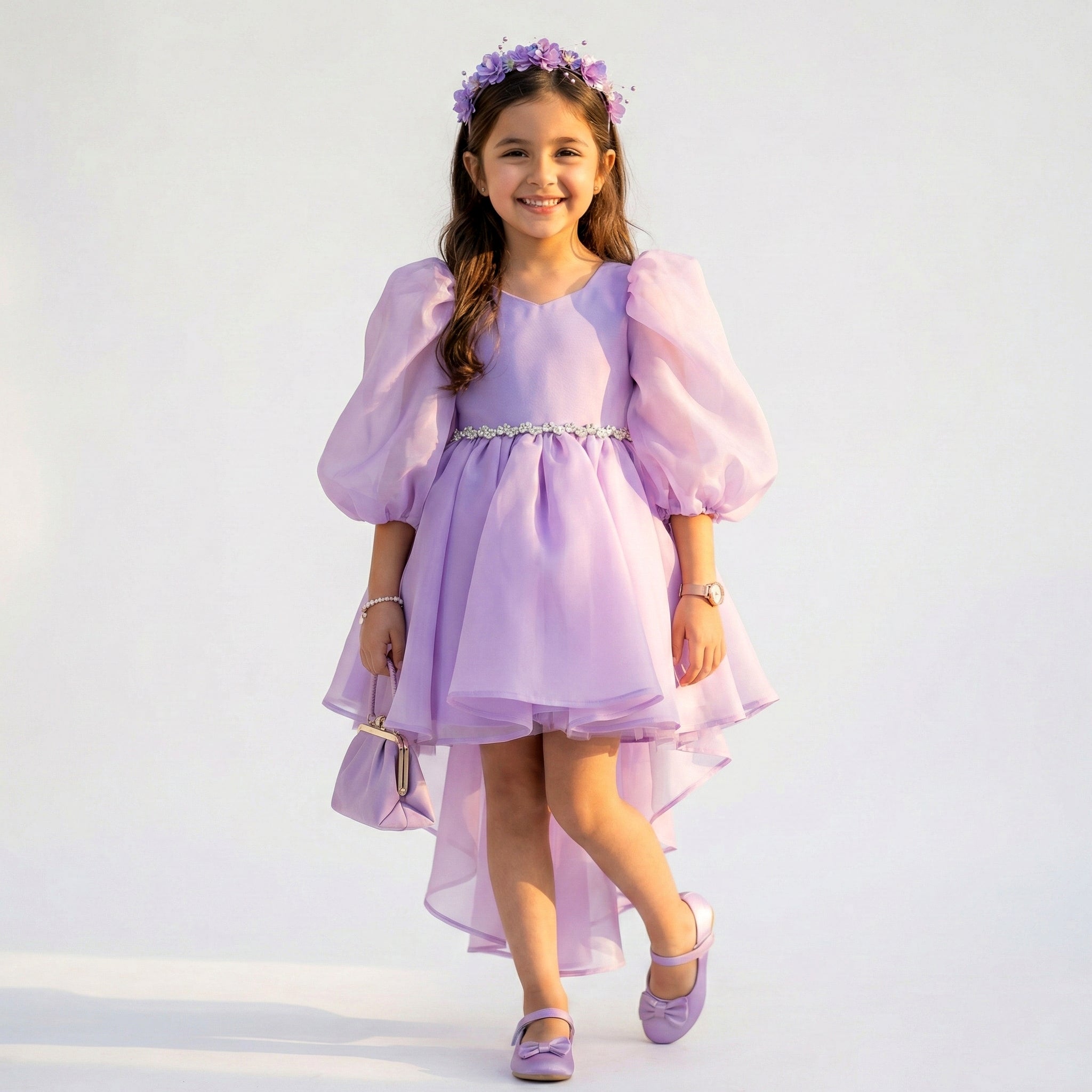 Girls Organza High-Low Party Gown with Embellished Bow Detail