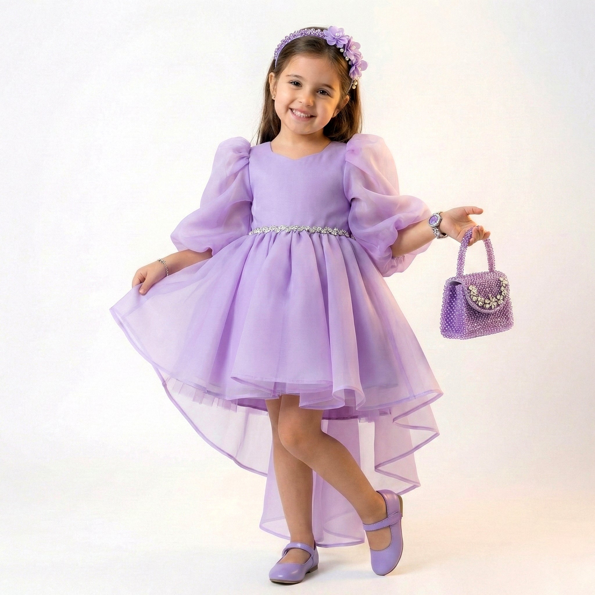 Toddler Organza High-Low Gown with Crystal Belt & Back Bow