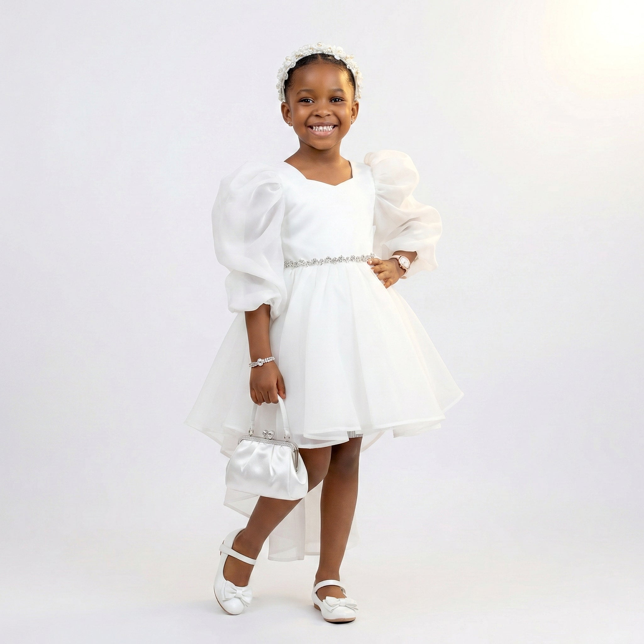 Girls Organza High-Low Party Gown with Embellished Bow Detail