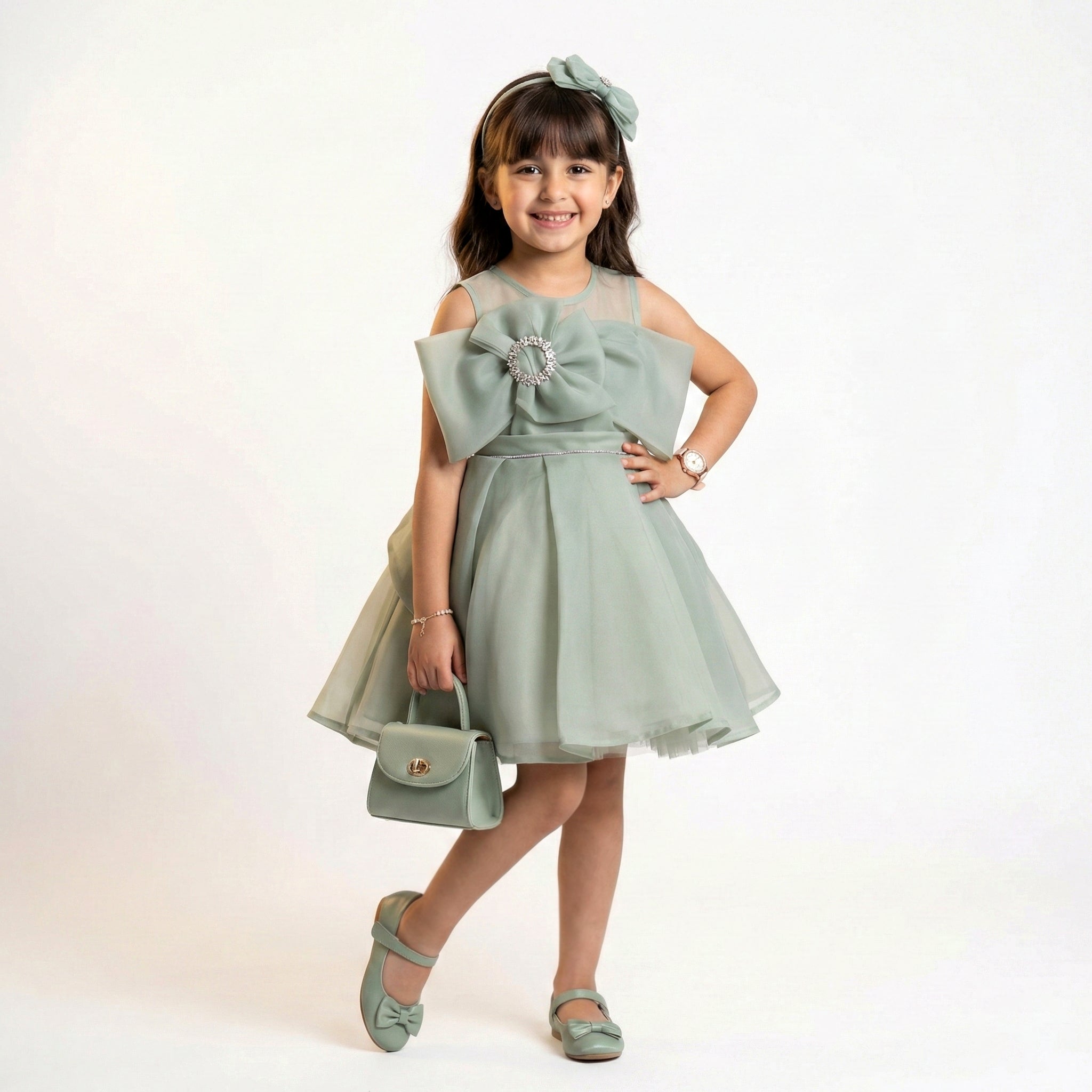 Girls Organza Party Dress with Embellished Bow & Slim Waist Belt