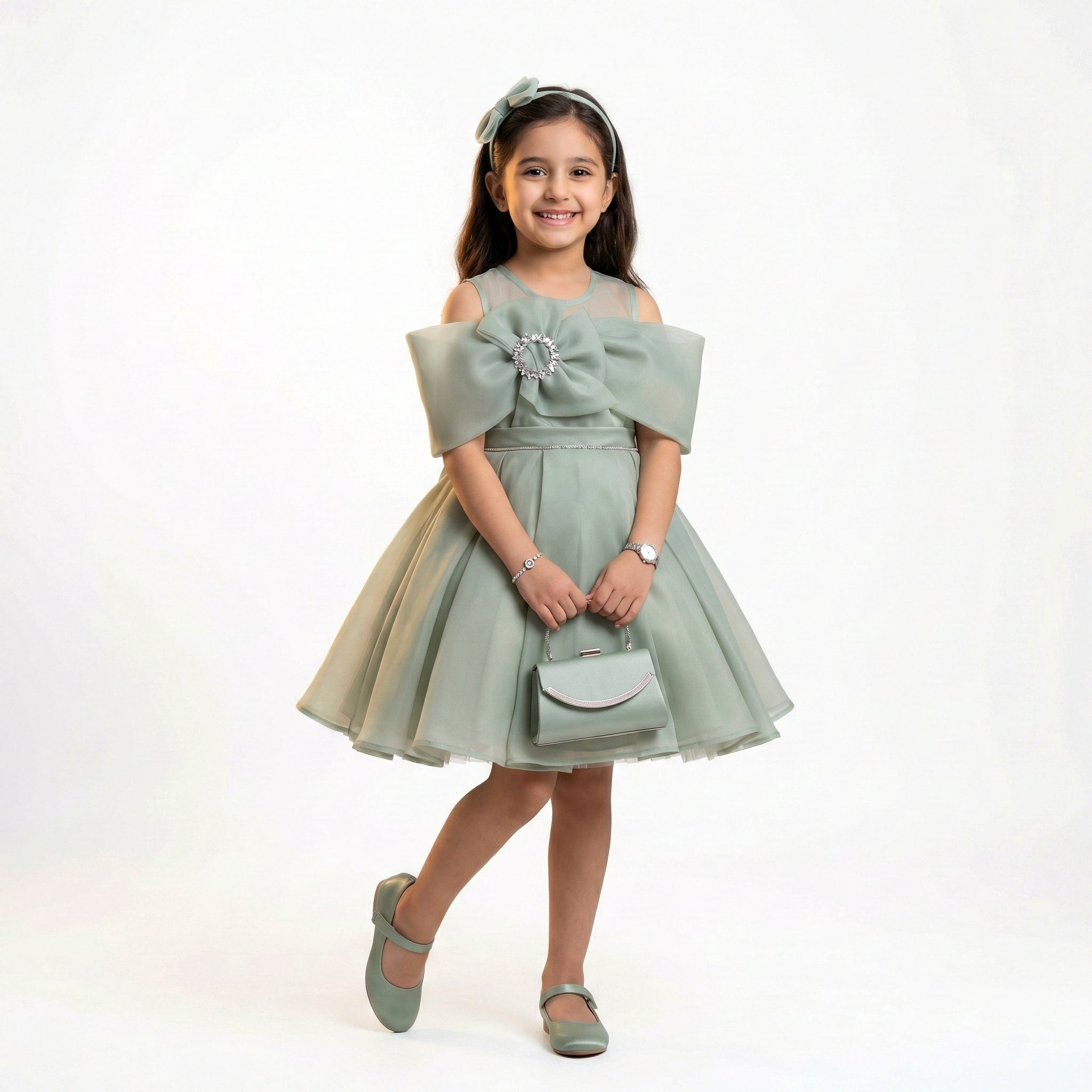 Big Girls Sleeveless Organza Gown with Crystal Bow Accent