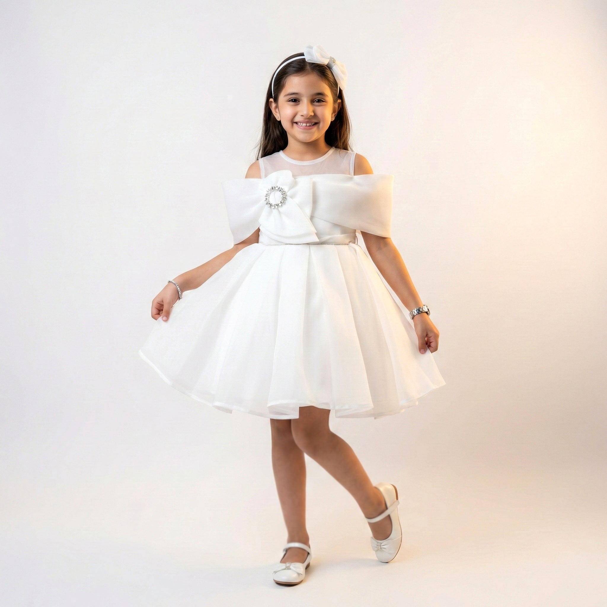 Big Girls Sleeveless Organza Gown with Crystal Bow Accent