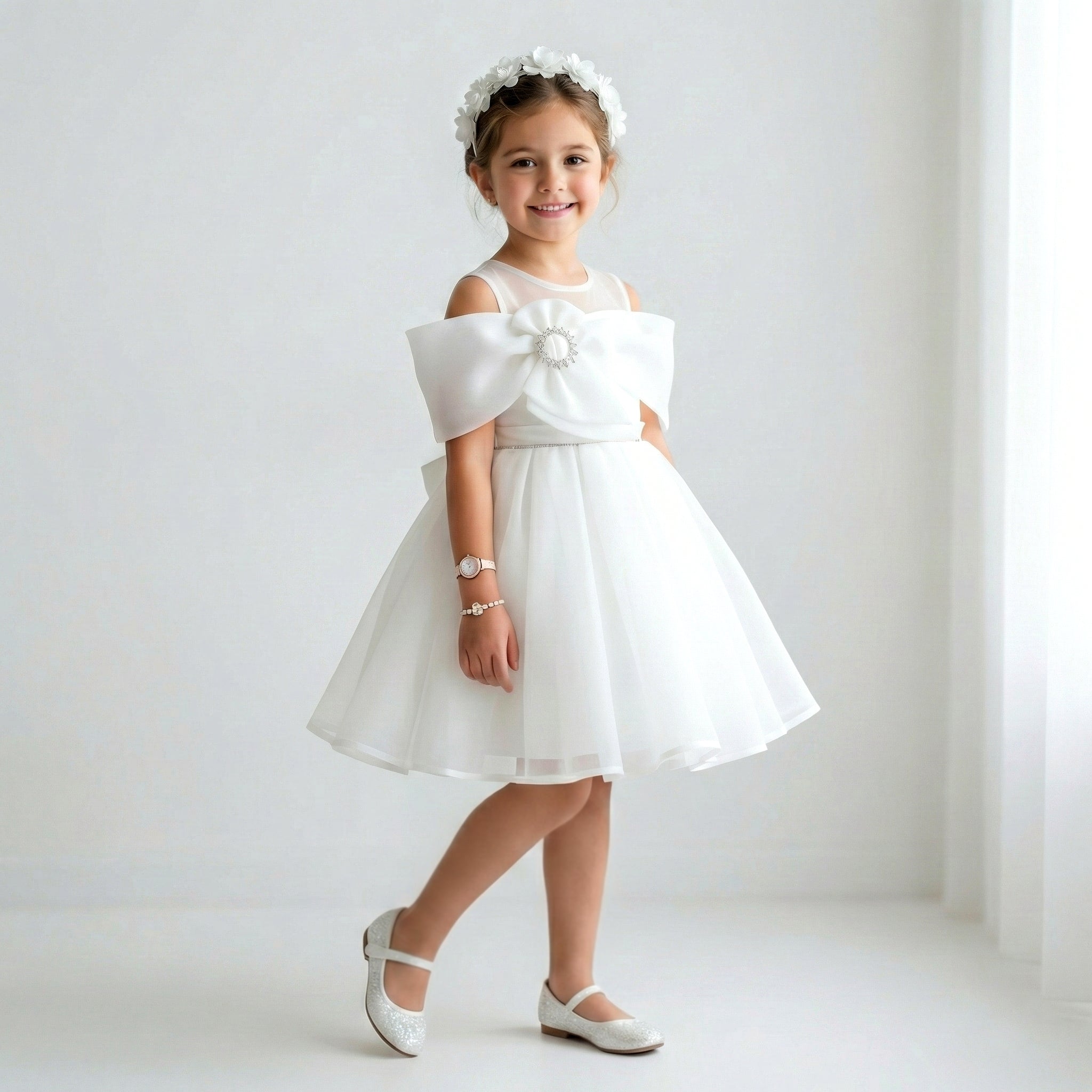 Girls Organza Party Dress with Embellished Bow & Slim Waist Belt