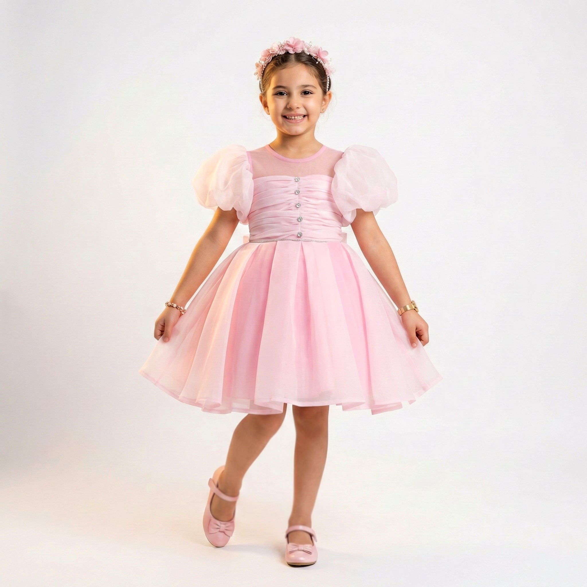 Girls Formal Ruched Organza Gown with Crystal Buttons