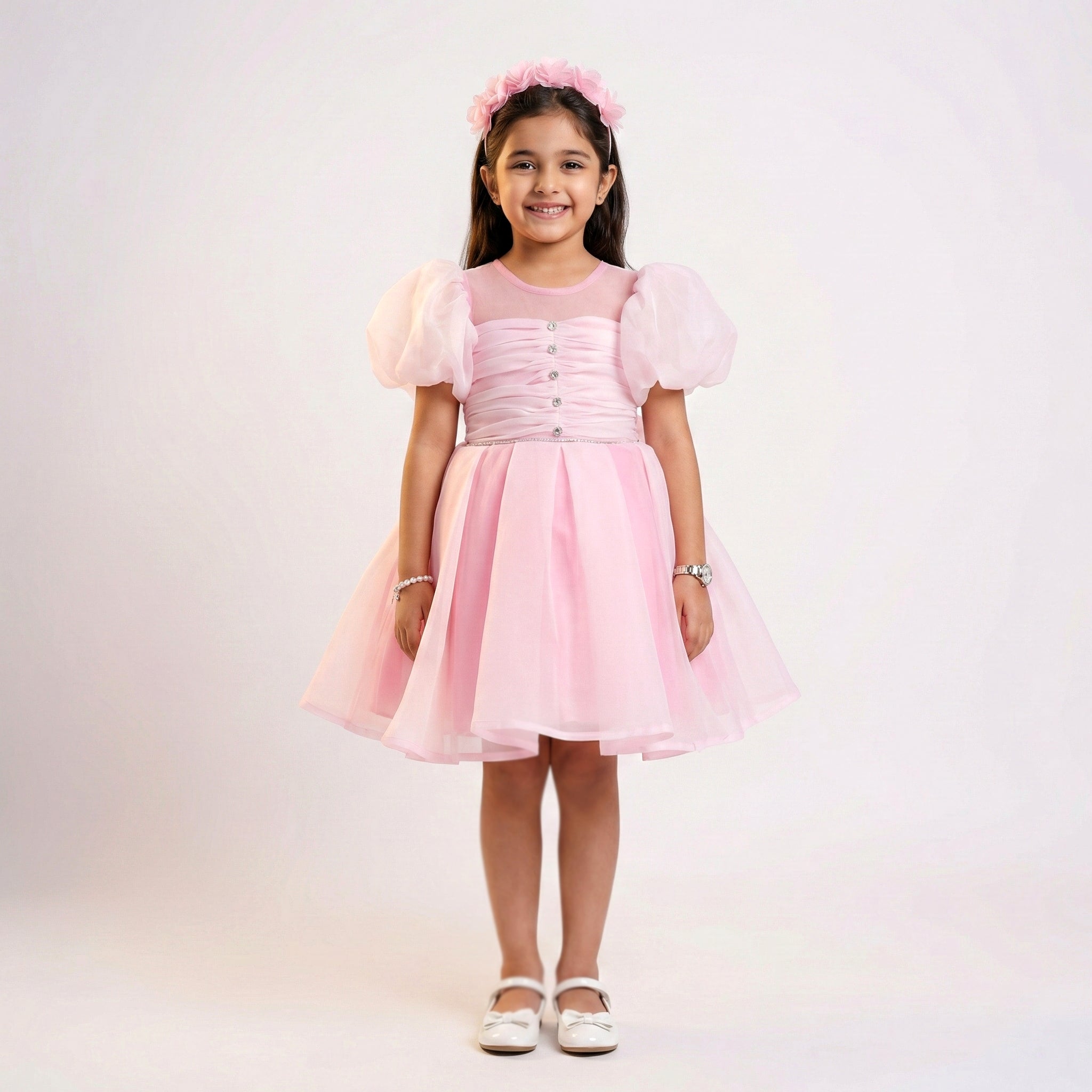Girls Ruched Bodice Party Dress with Puff Sleeves