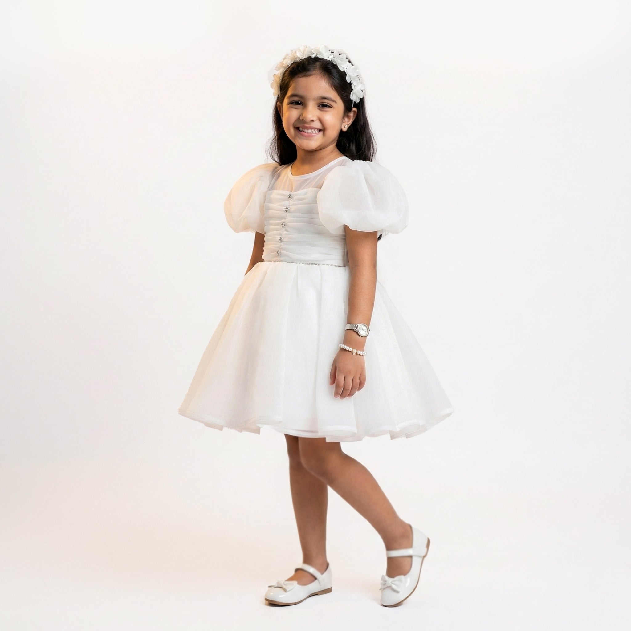 Girls Ruched Bodice Party Dress with Puff Sleeves