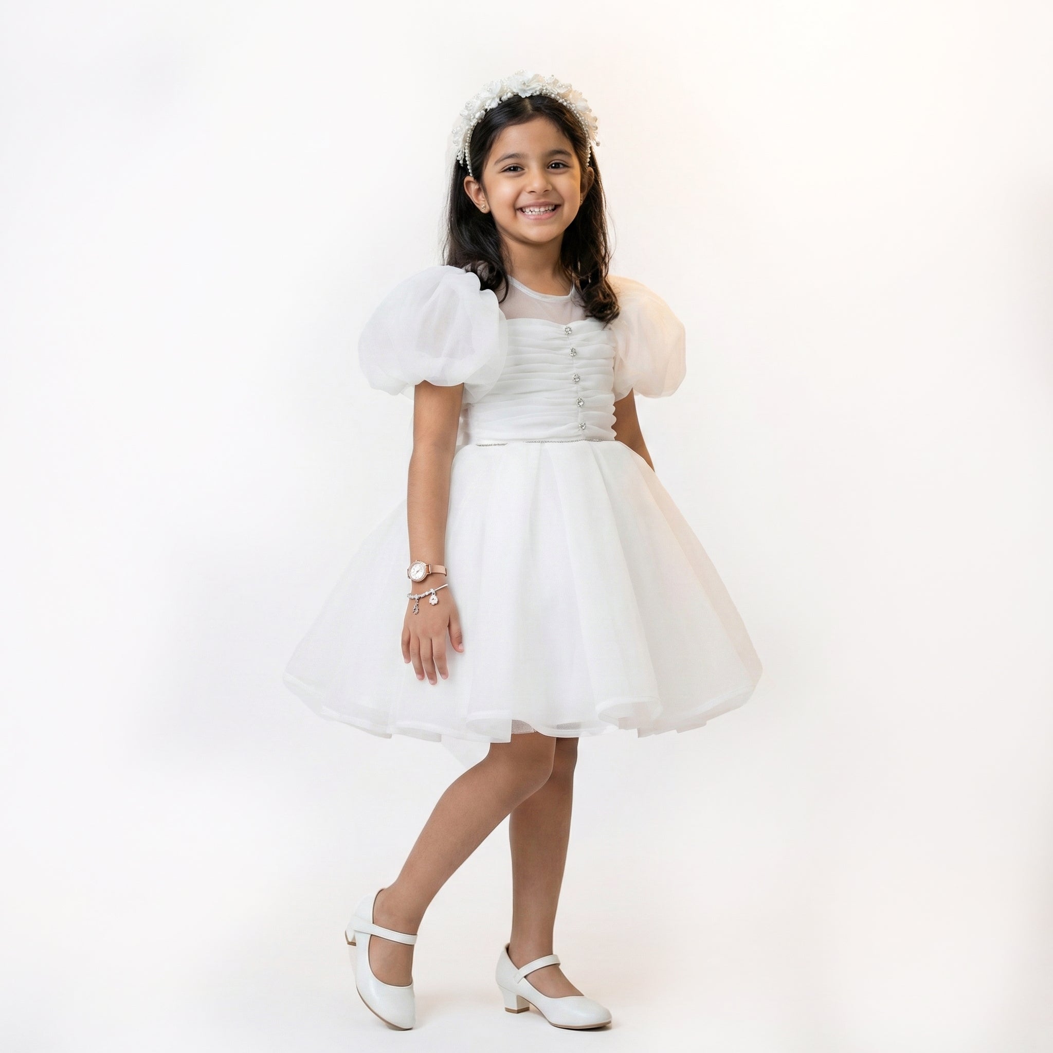 Girls Formal Ruched Organza Gown with Crystal Buttons