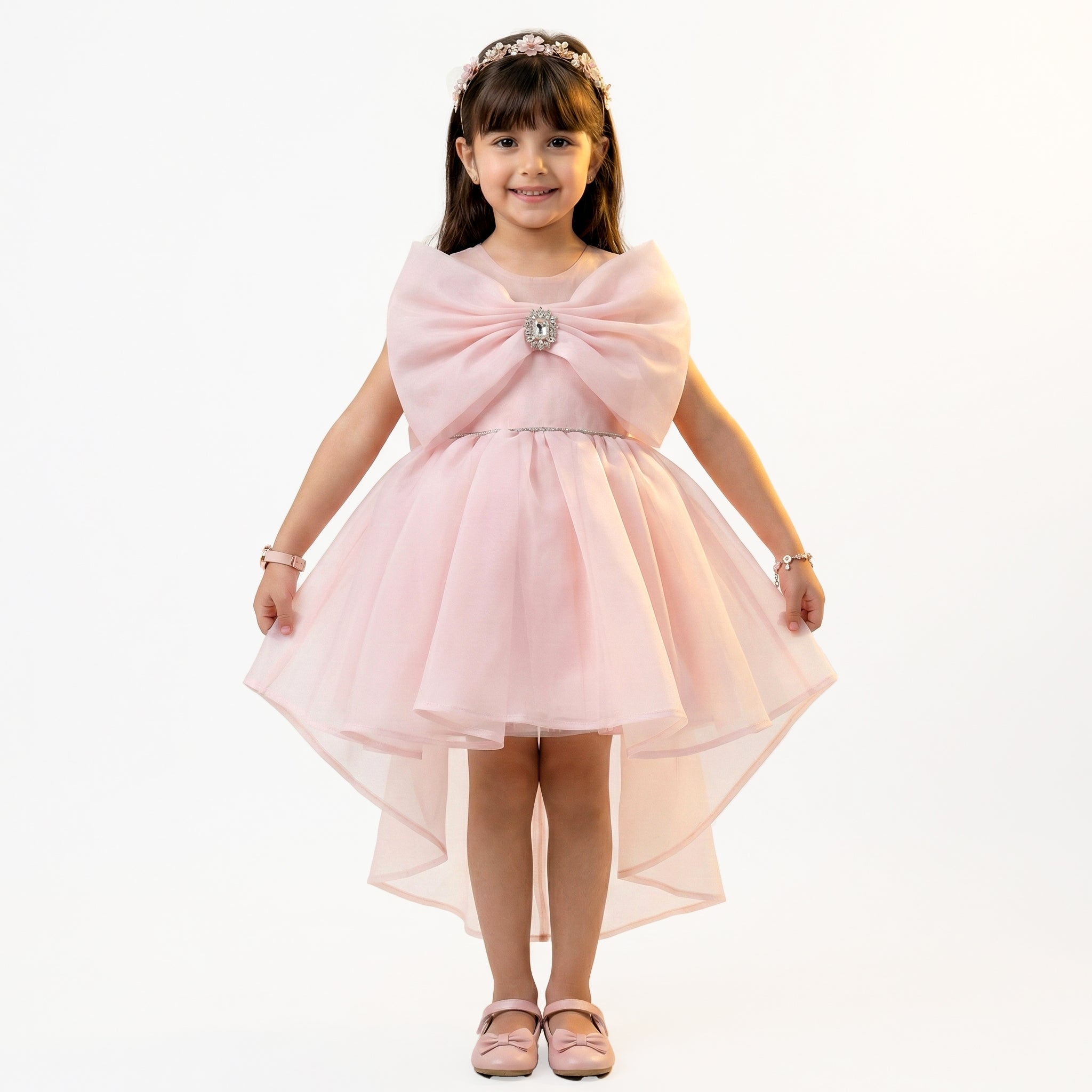 Girls High-Low Organza Dress with Embellished Bow