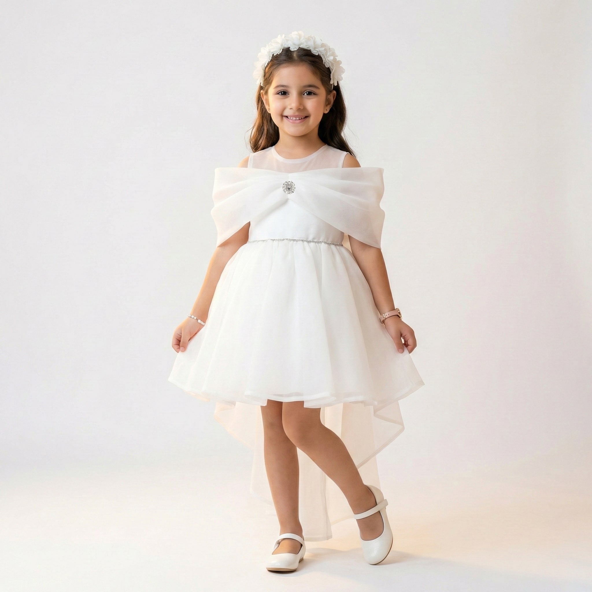 Girls High-Low Organza Dress with Embellished Bow