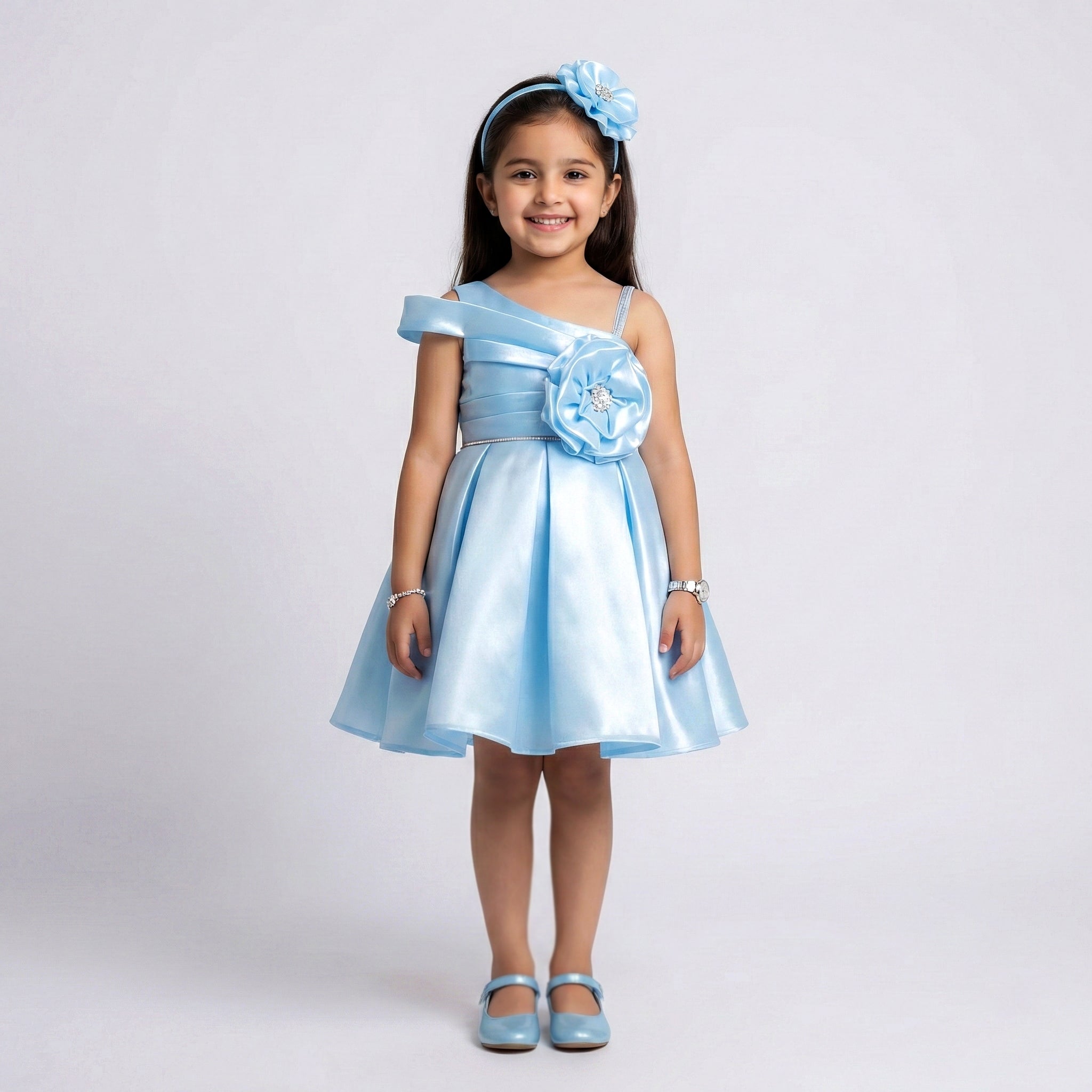 Girls Satin Party Dress with Embellished Flower Detail