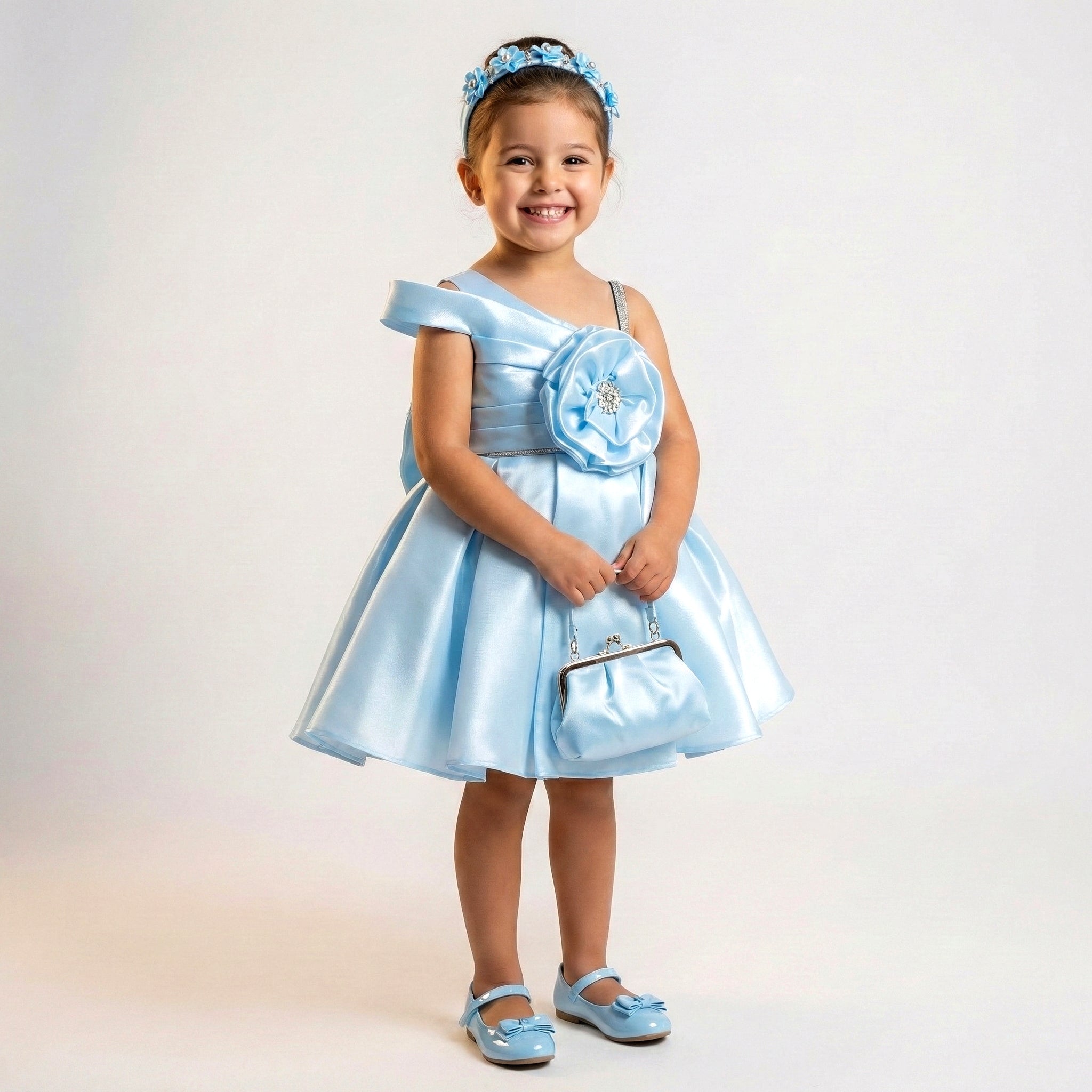 Toddler Satin A-Line Dress with Floral Shoulder Accent