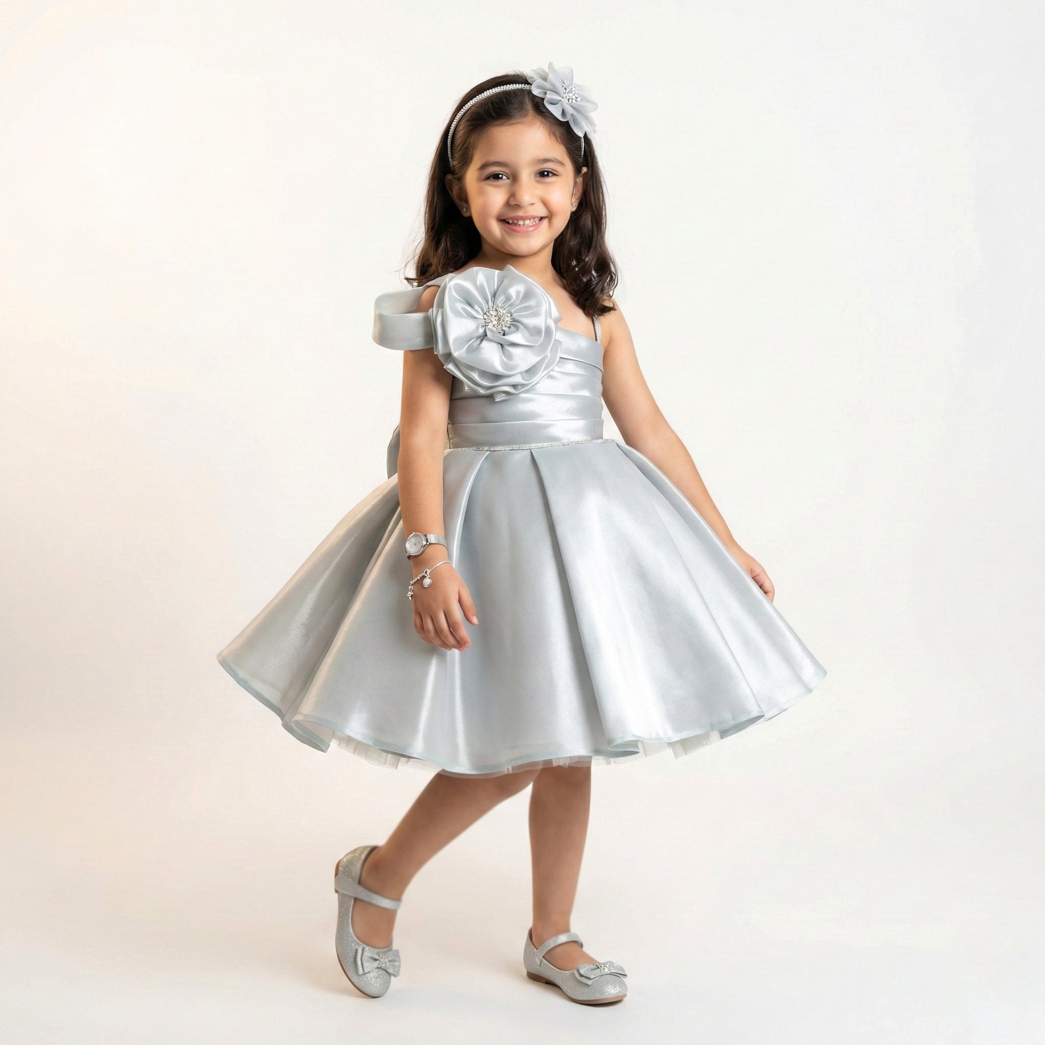 Girls Satin Party Dress with Embellished Flower Detail