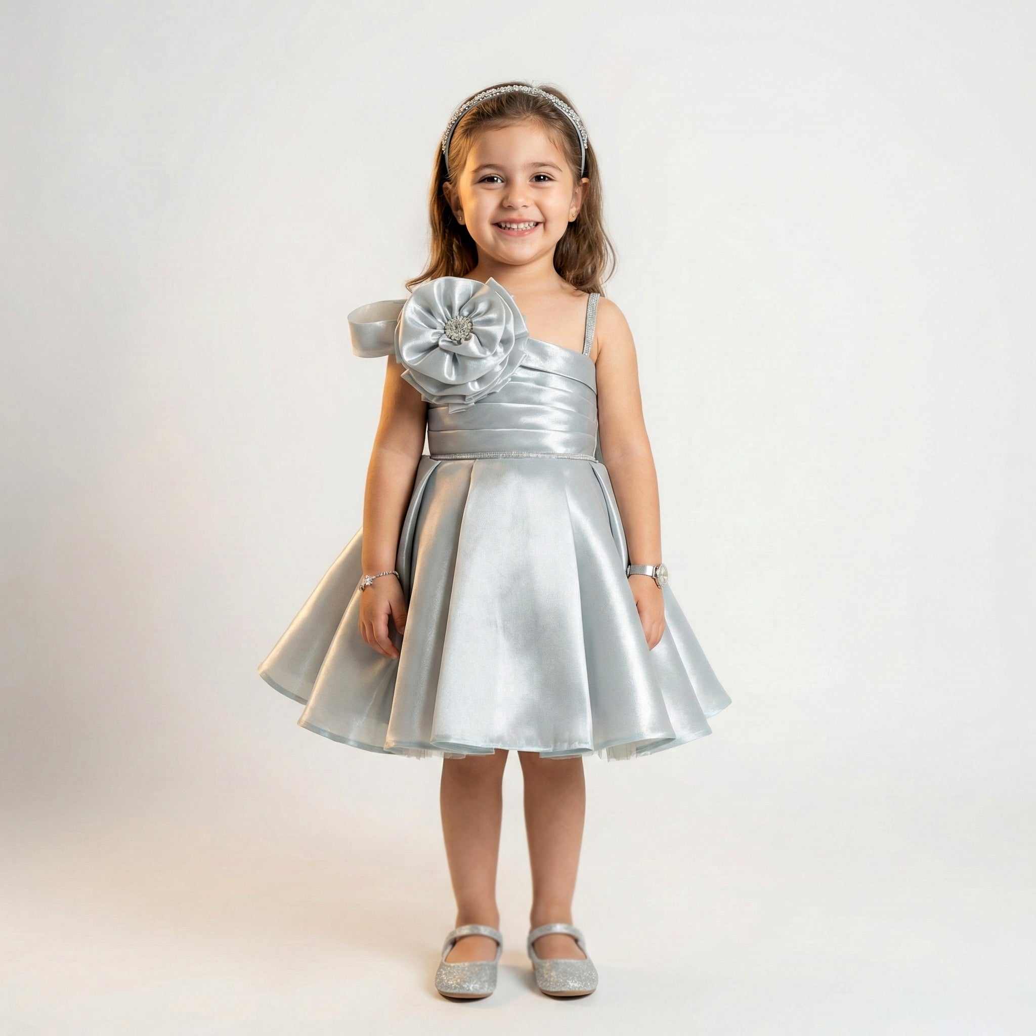 Toddler Satin A-Line Dress with Floral Shoulder Accent