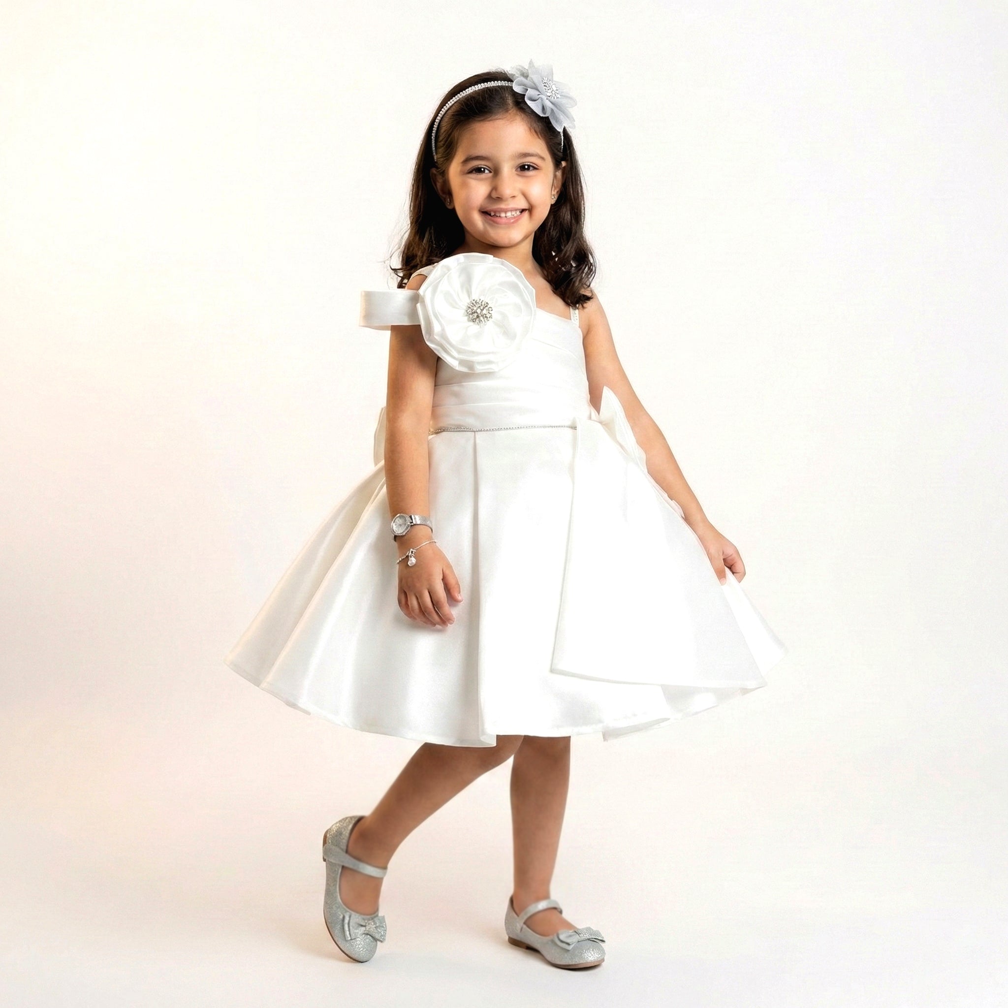 Girls Satin Party Dress with Embellished Flower Detail