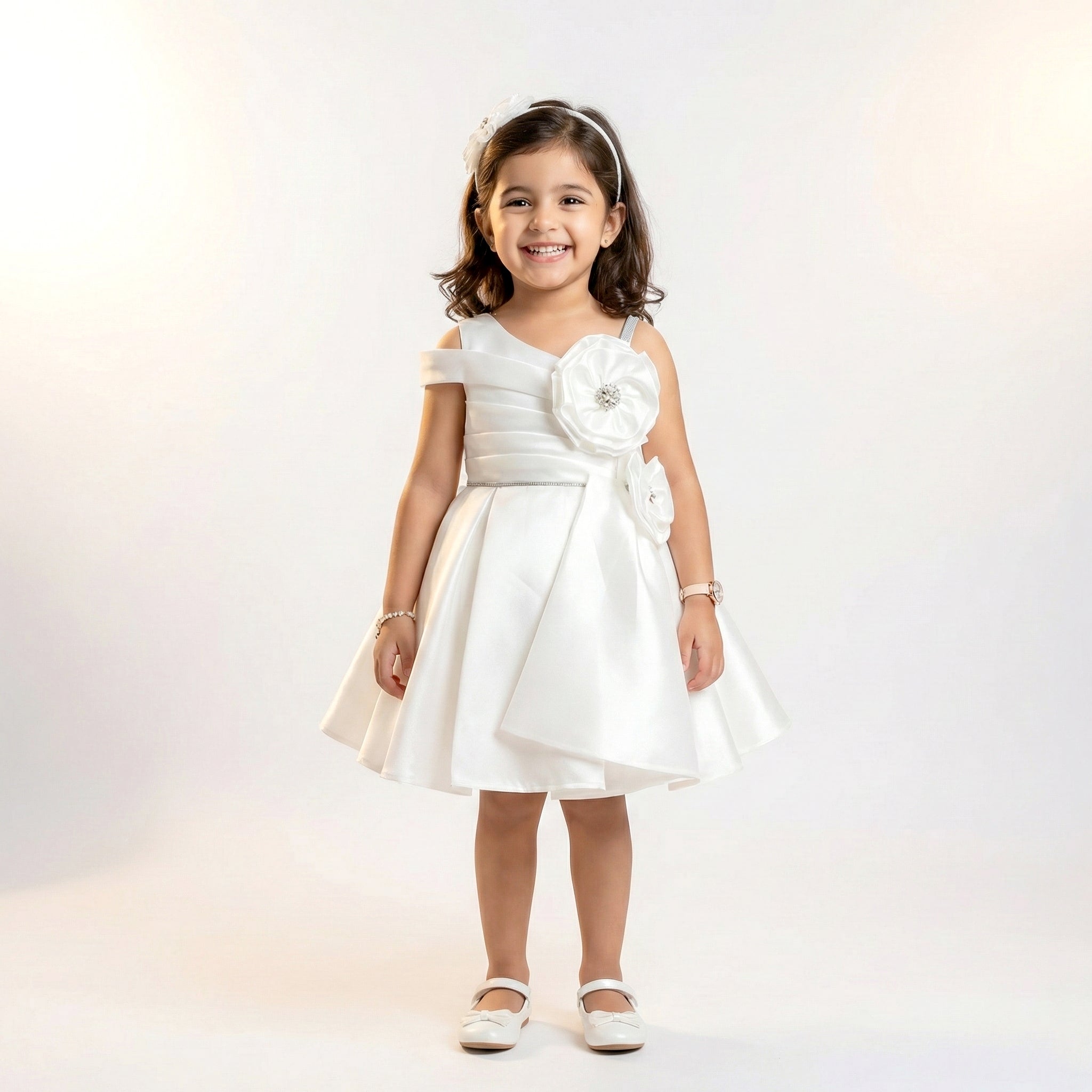 Toddler Satin A-Line Dress with Floral Shoulder Accent
