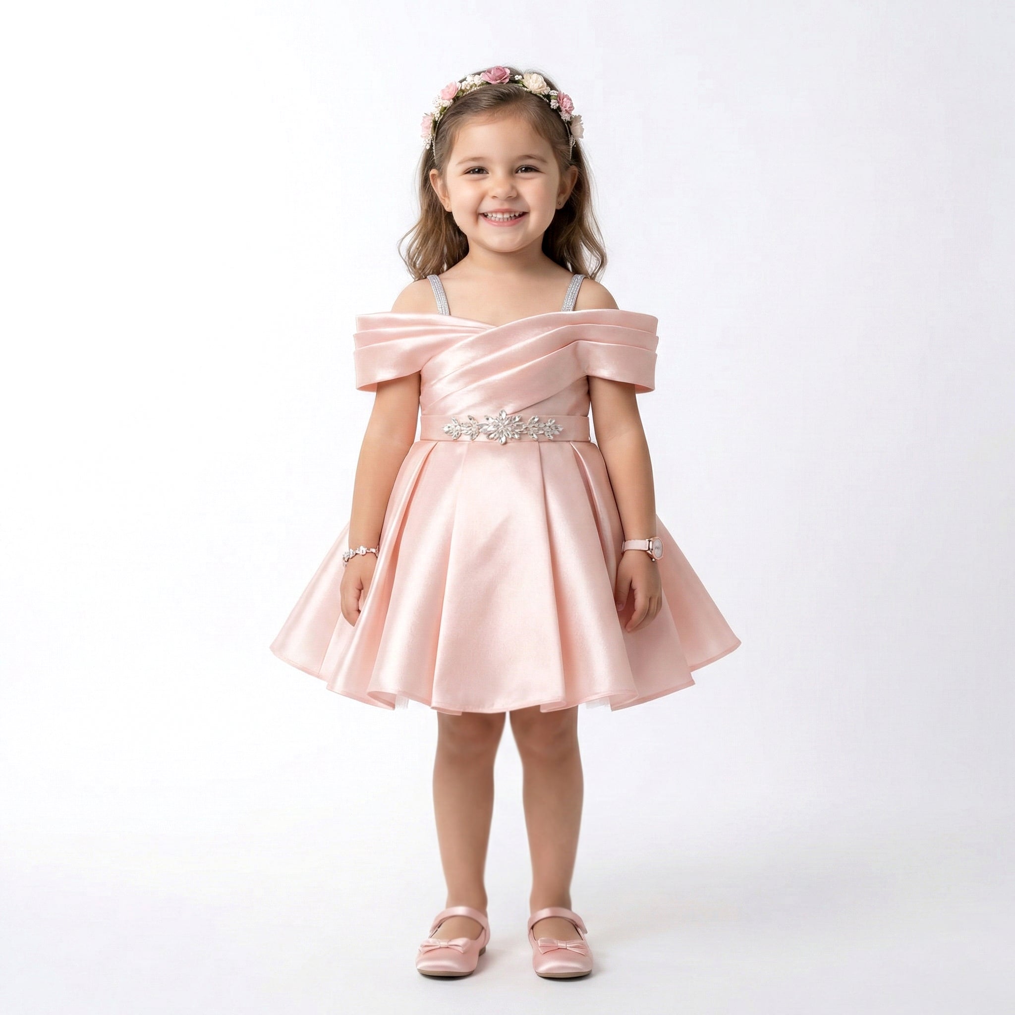 Toddler Satin Off-Shoulder Gown with Crystal Belt
