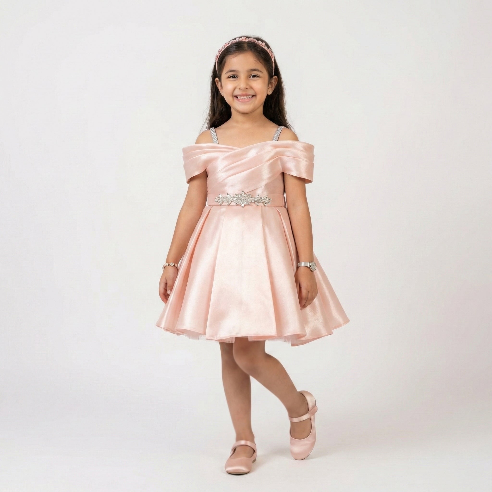 Girls Satin Off-Shoulder Dress with Back Bow Detail