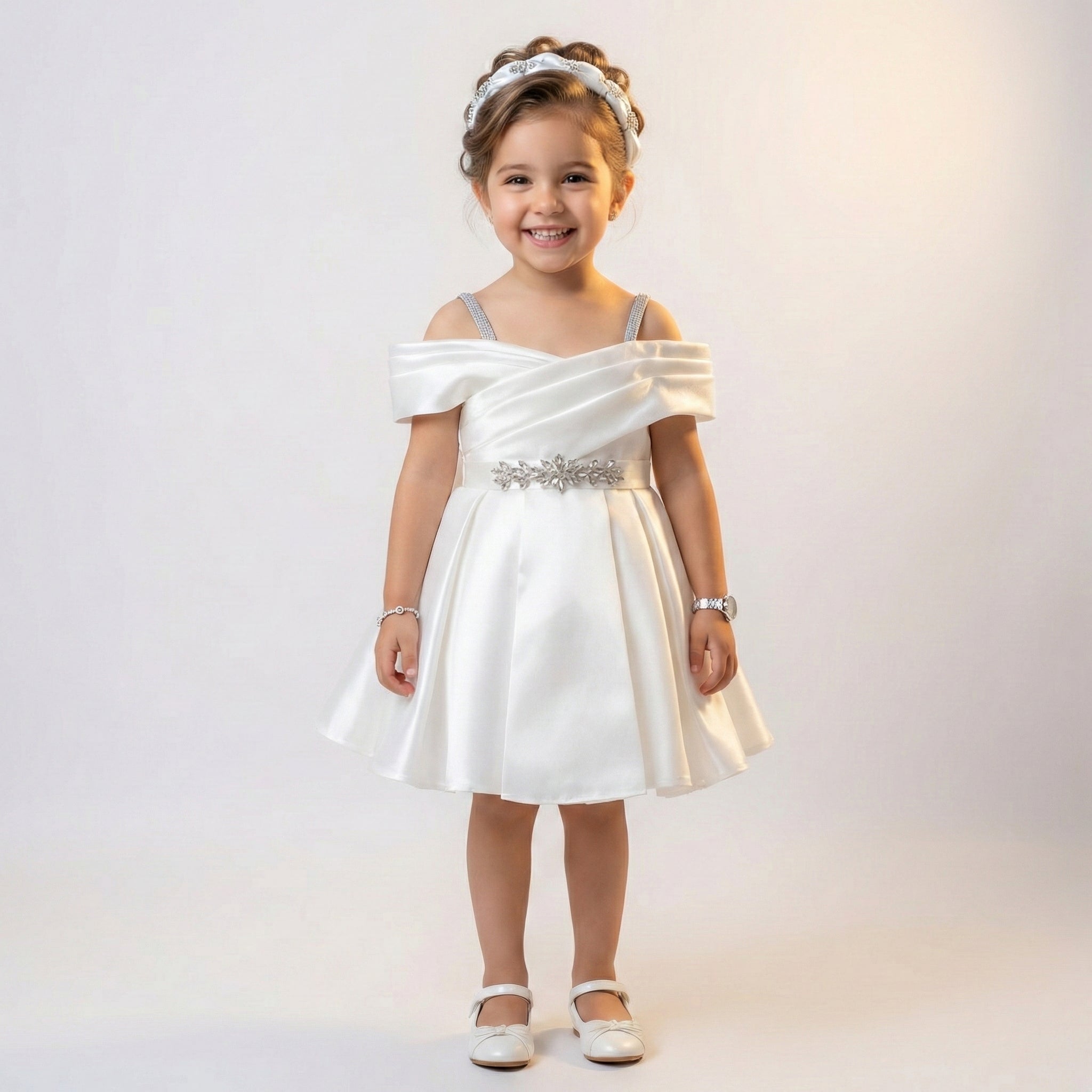 Toddler Satin Off-Shoulder Gown with Crystal Belt