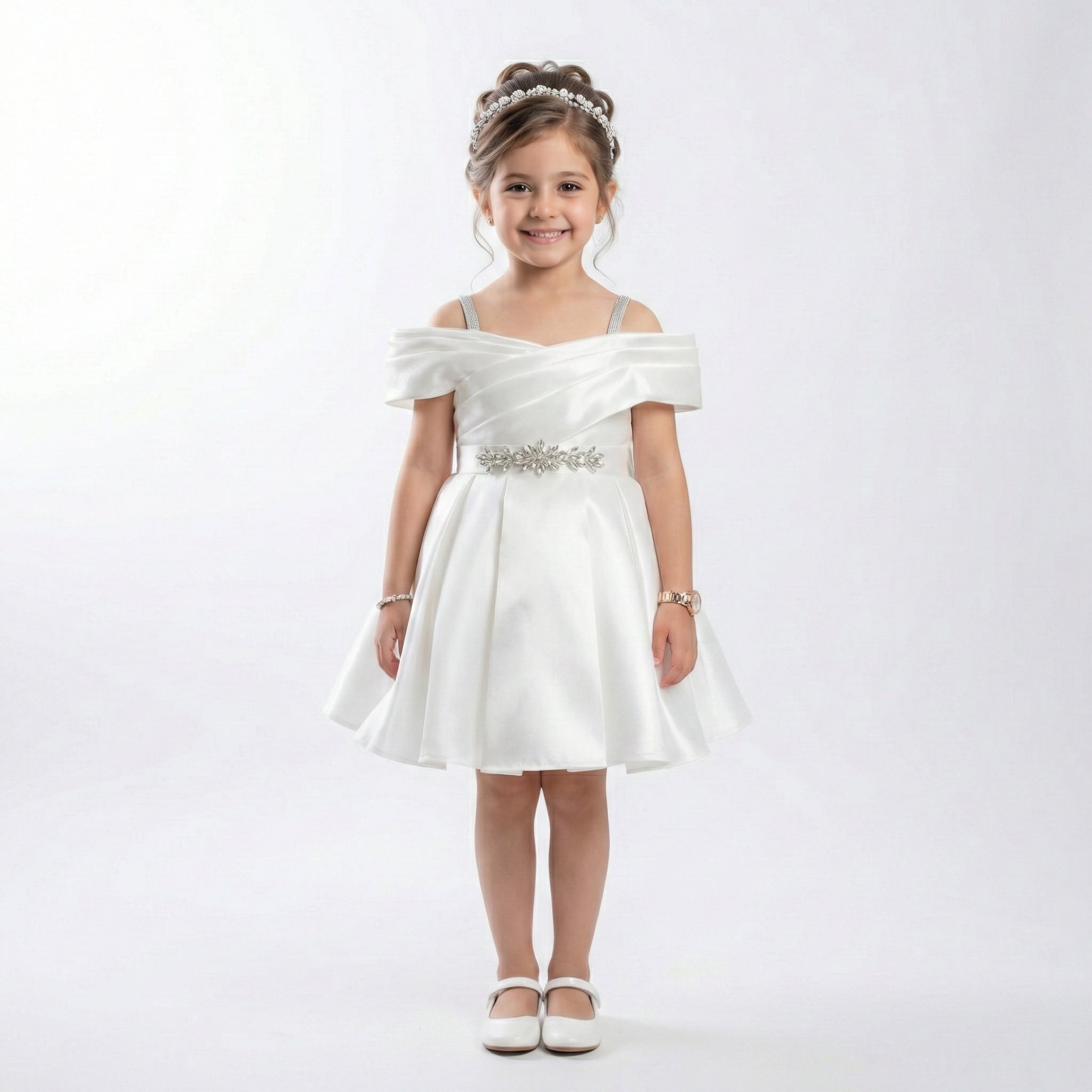 Girls Satin Off-Shoulder Dress with Back Bow Detail