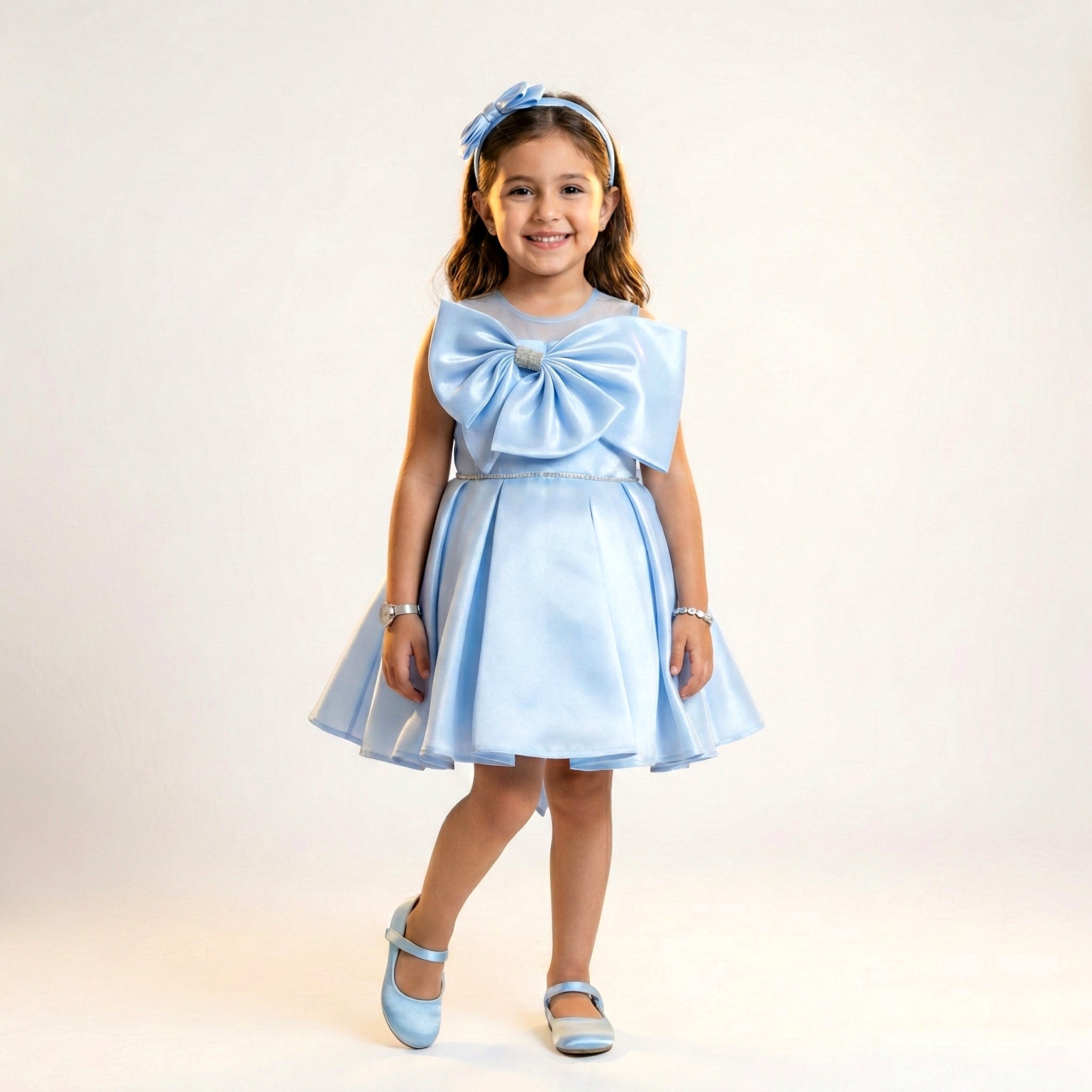 Girls Satin Party Dress with Oversized Crystal Bow