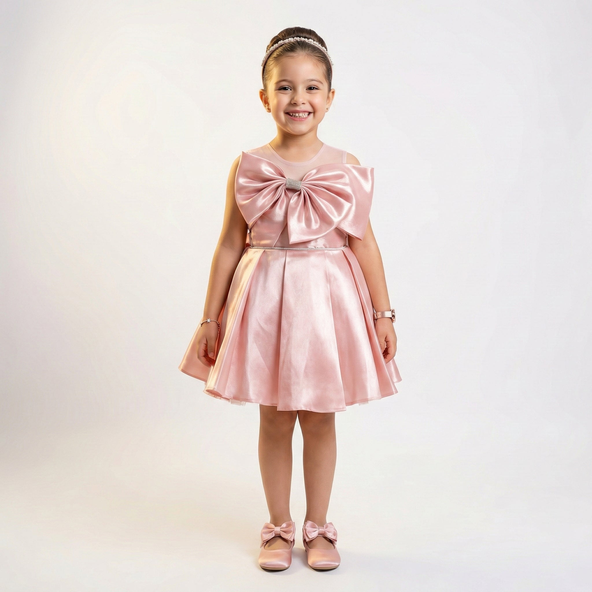 Girls Satin Party Dress with Oversized Crystal Bow