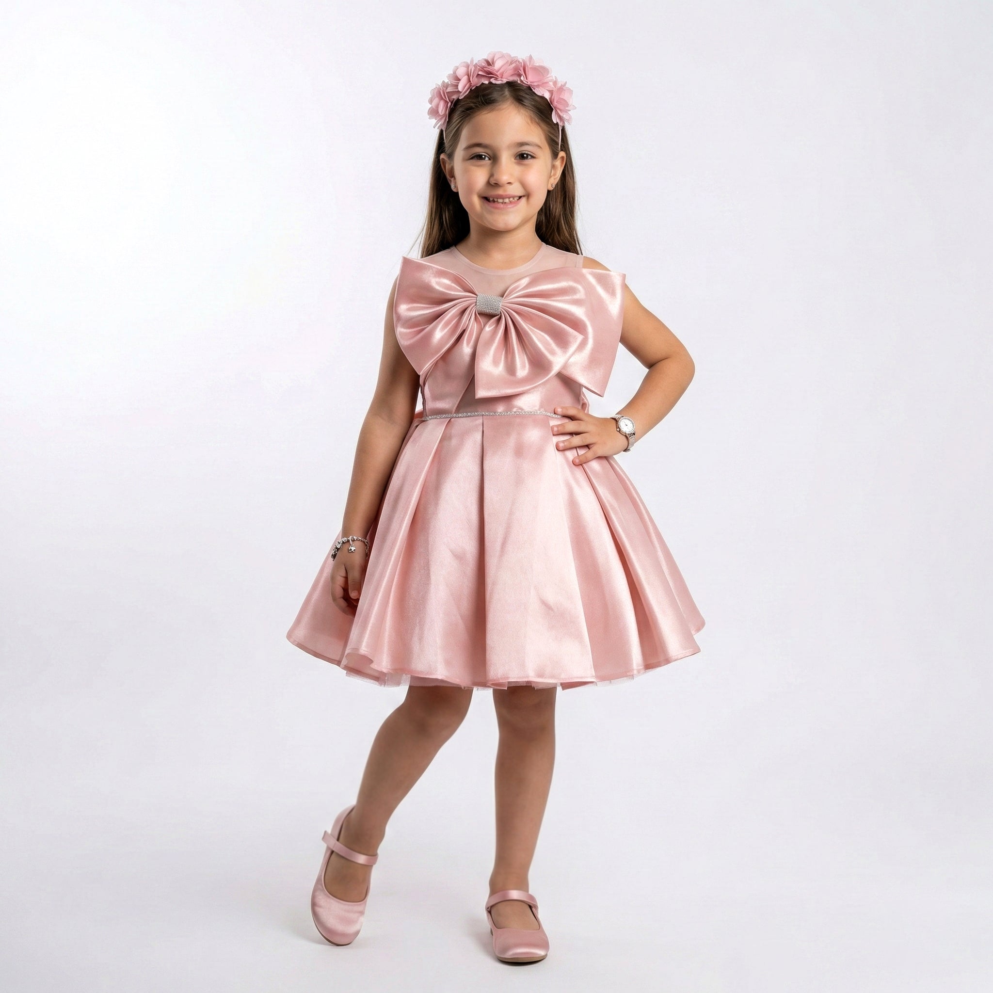 Girls' Satin Party Dress with Oversized Front Bow