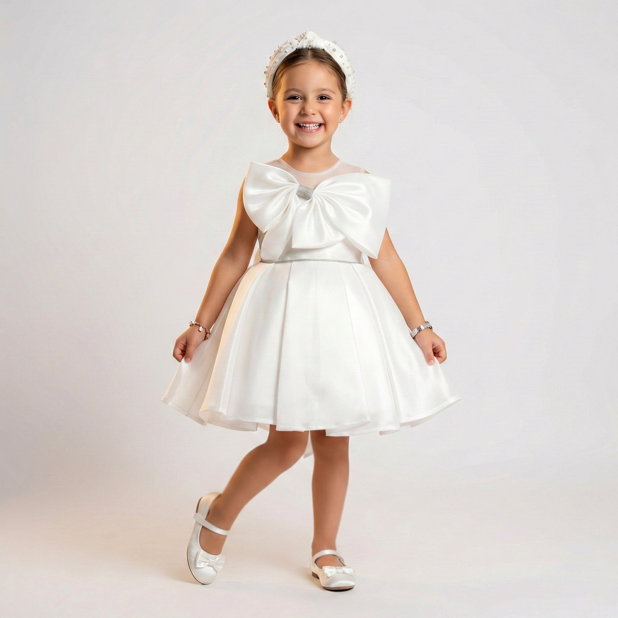 Girls Satin Party Dress with Oversized Crystal Bow