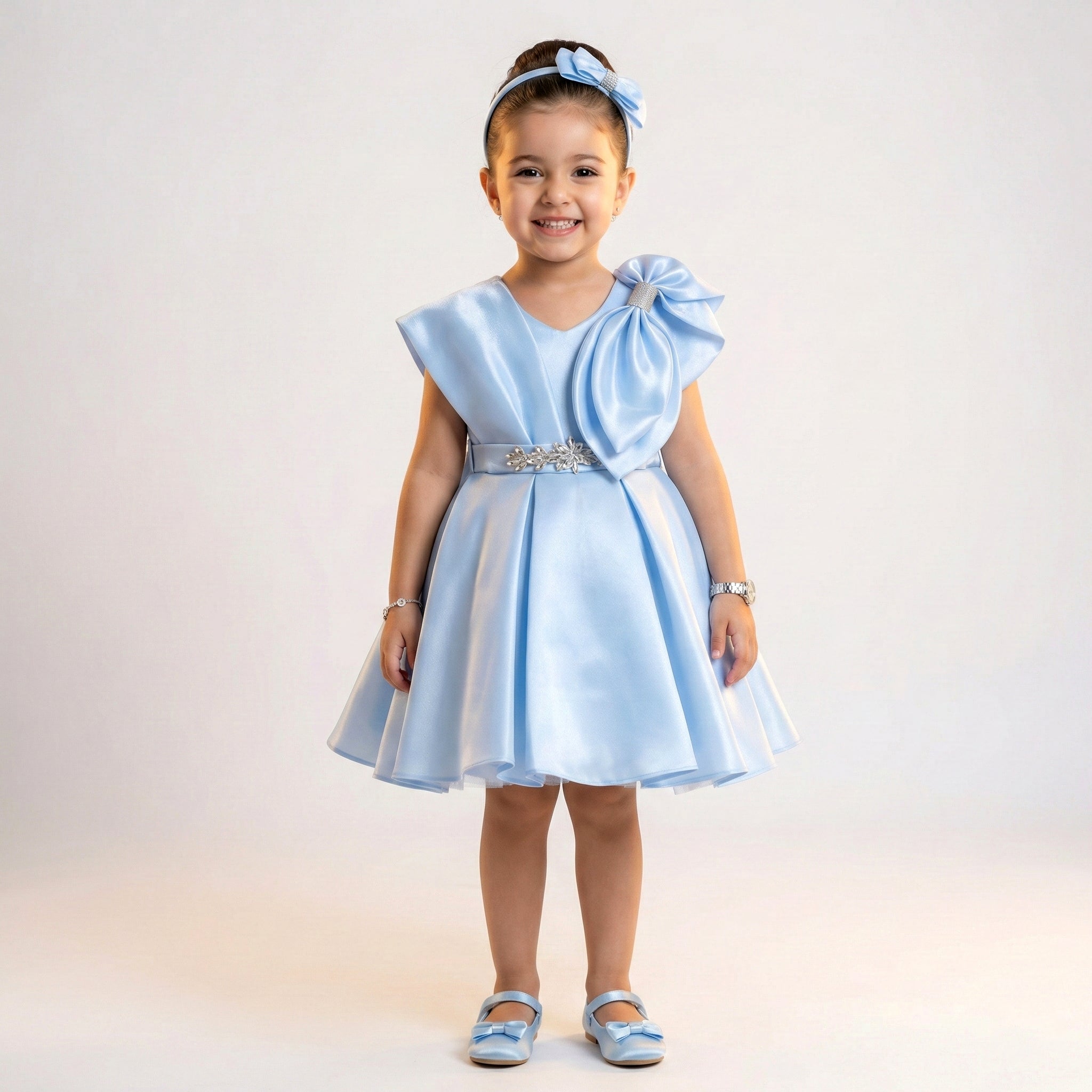 Girls' Satin Party Dress with Sculpted Shoulder Bow