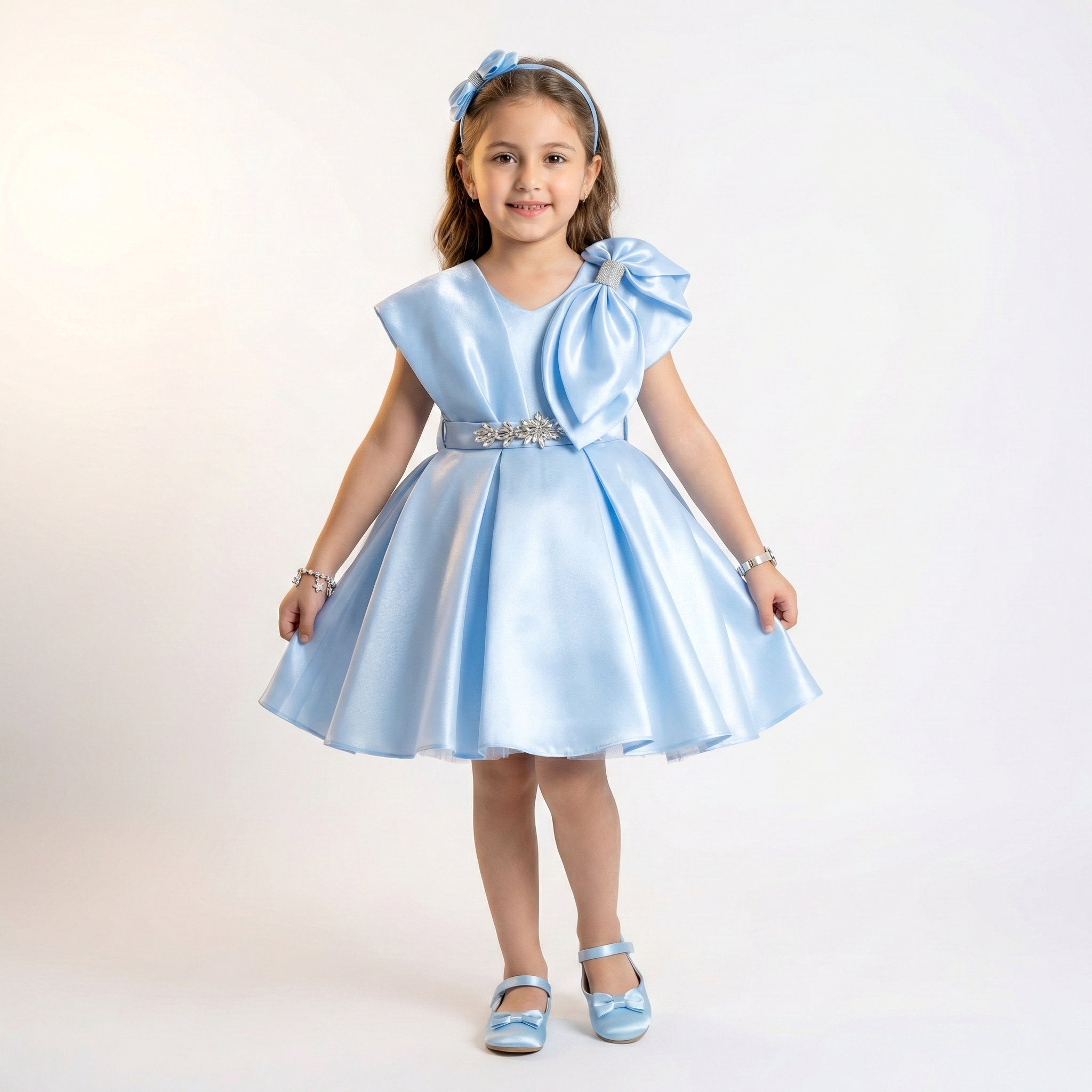 Girls’ Luxury Pleated Satin Gala Dress with Crystal Embellishment