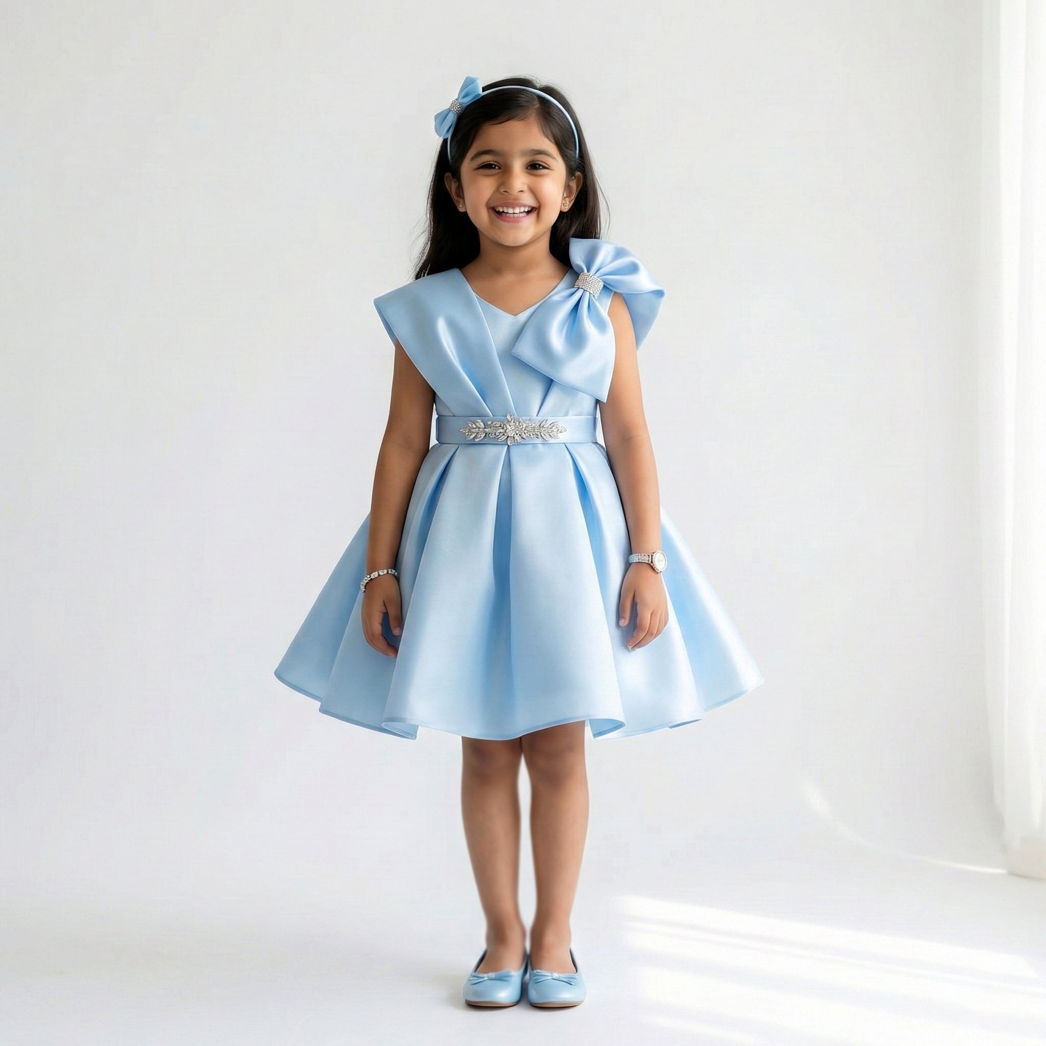 Girls' Satin Party Dress with Sculpted Shoulder Bow