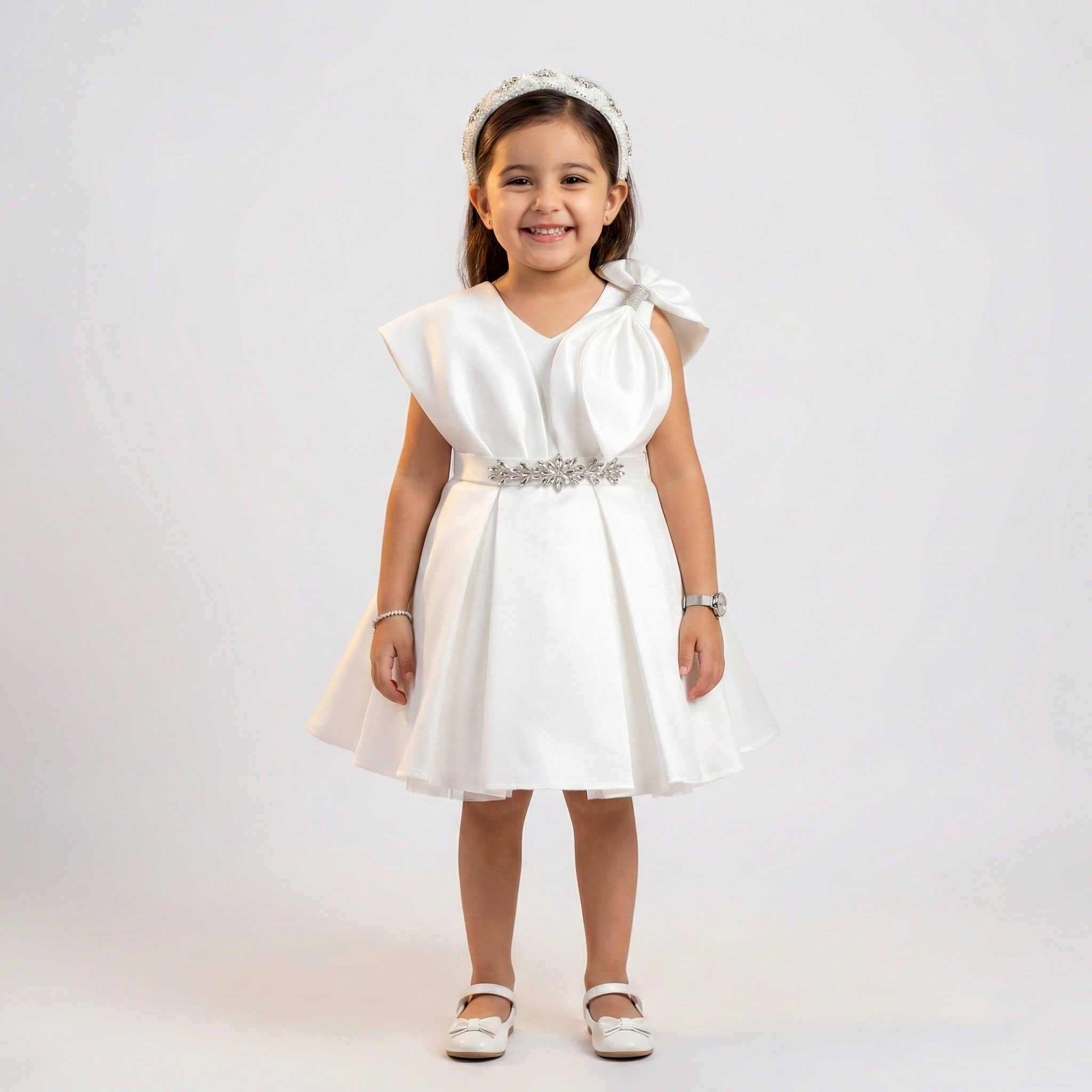Girls' Satin Party Dress with Sculpted Shoulder Bow