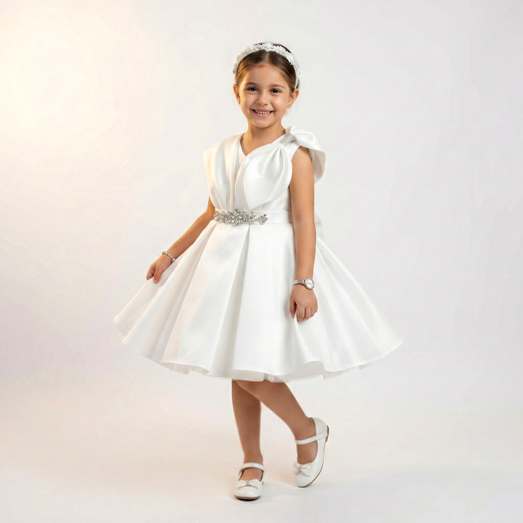 Signature Asymmetrical Satin Occasion Dress with Rhinestone Accents