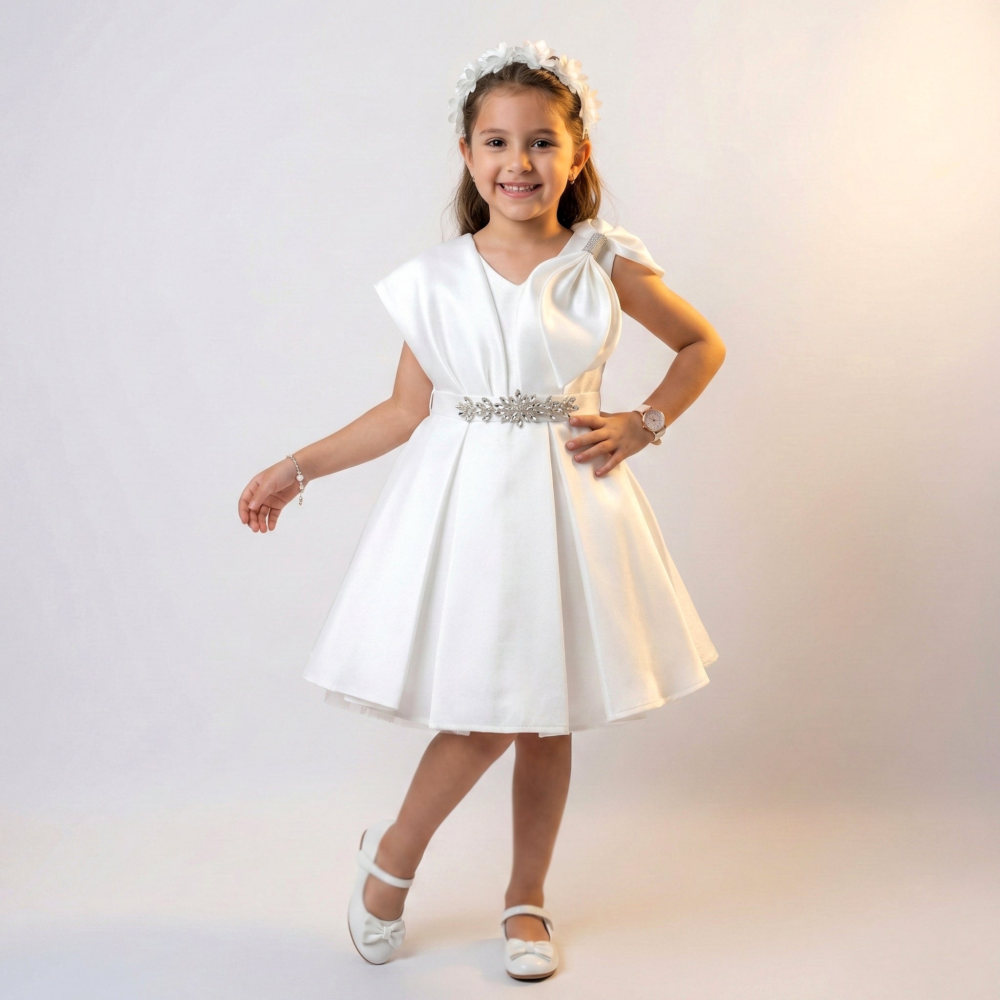 Girls’ Luxury Pleated Satin Gala Dress with Crystal Embellishment