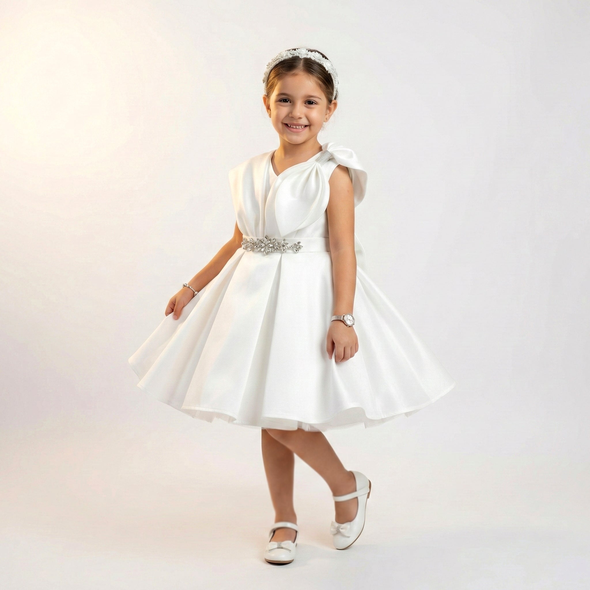 Girls' Satin Party Dress with Sculpted Shoulder Bow
