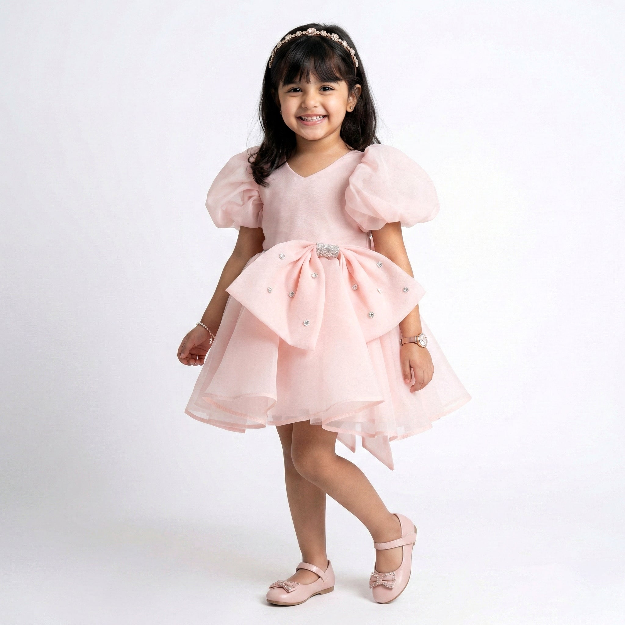 Girls' Organza Party Dress with Puff Sleeves and Rhinestone-Studded Bow