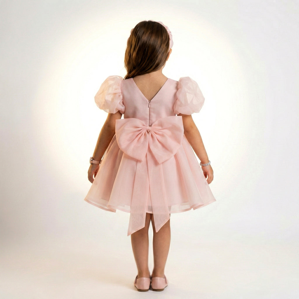 Girls’ Sheer Sleeve Organza Occasion Dress with Jewel-Accented Bow