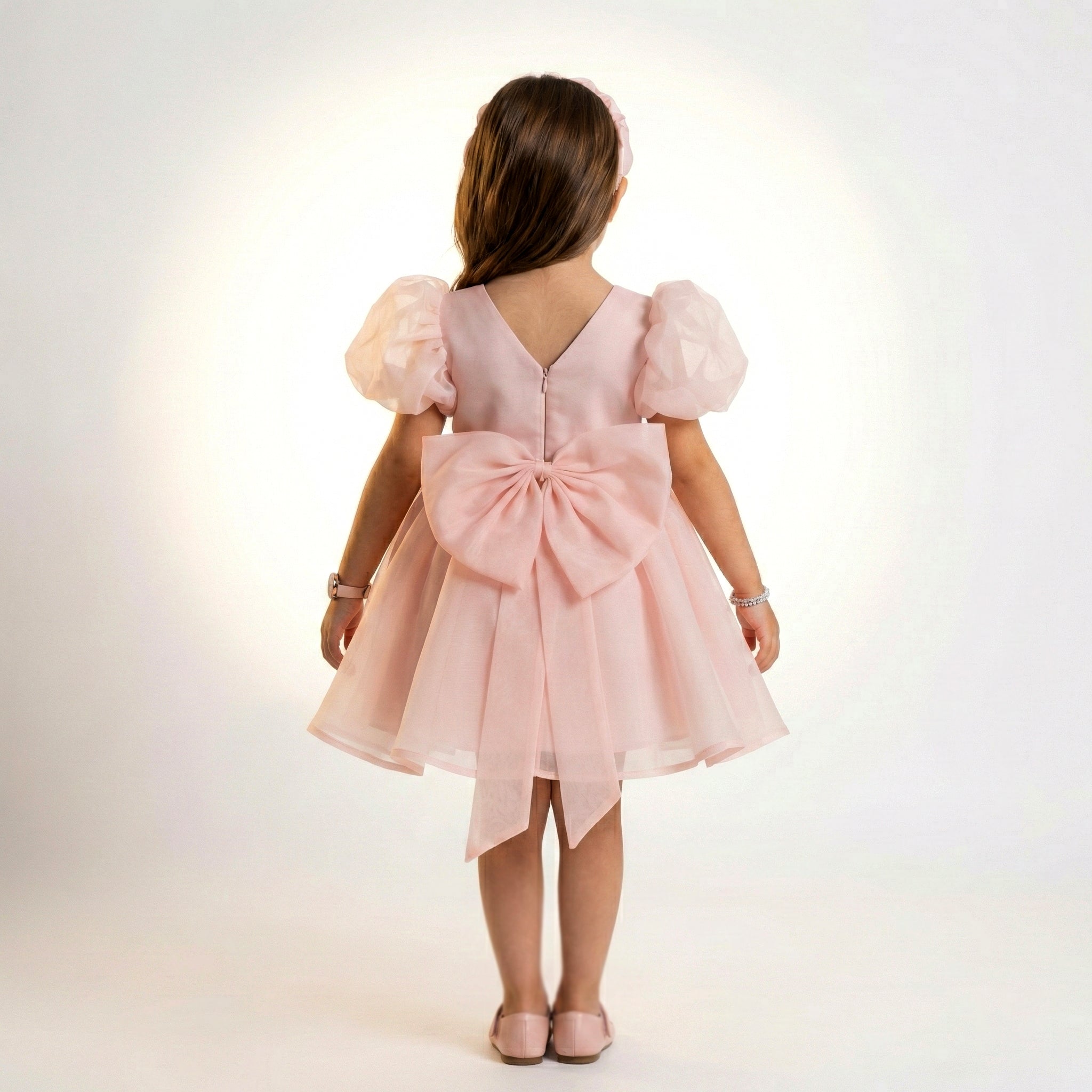 Girls’ Sheer Sleeve Organza Occasion Dress with Jewel-Accented Bow