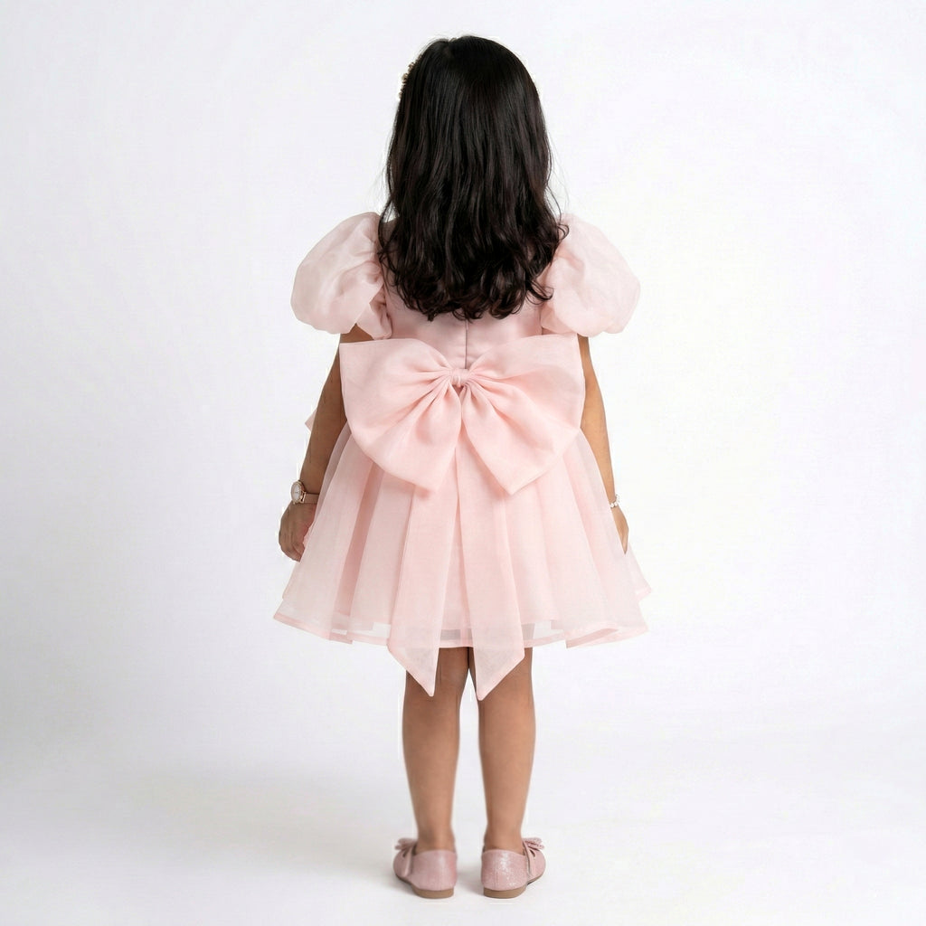Toddler Girls’ Organza Puff Sleeve Party Dress with Crystal Bow Detail