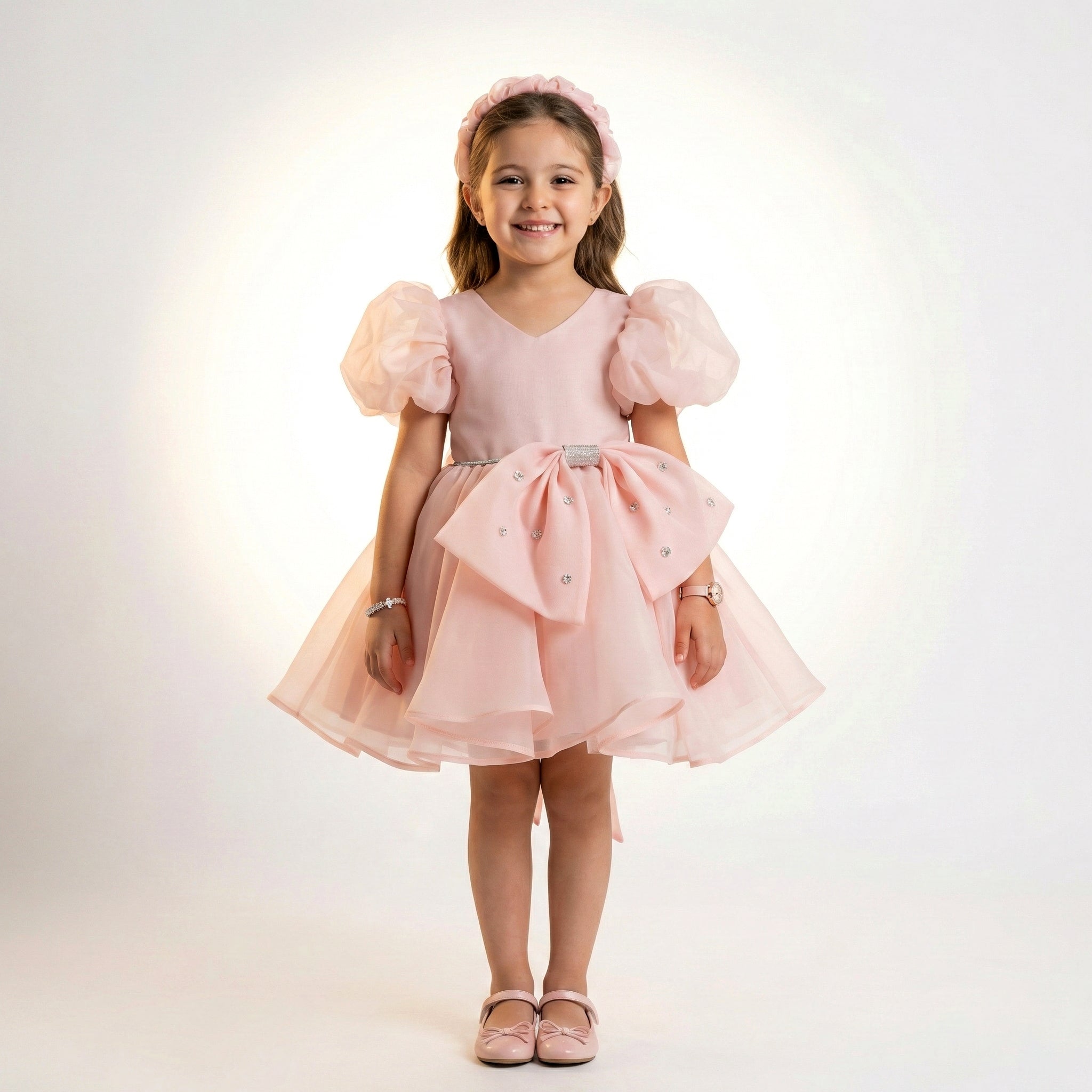 Girls' Organza Party Dress with Puff Sleeves and Rhinestone-Studded Bow