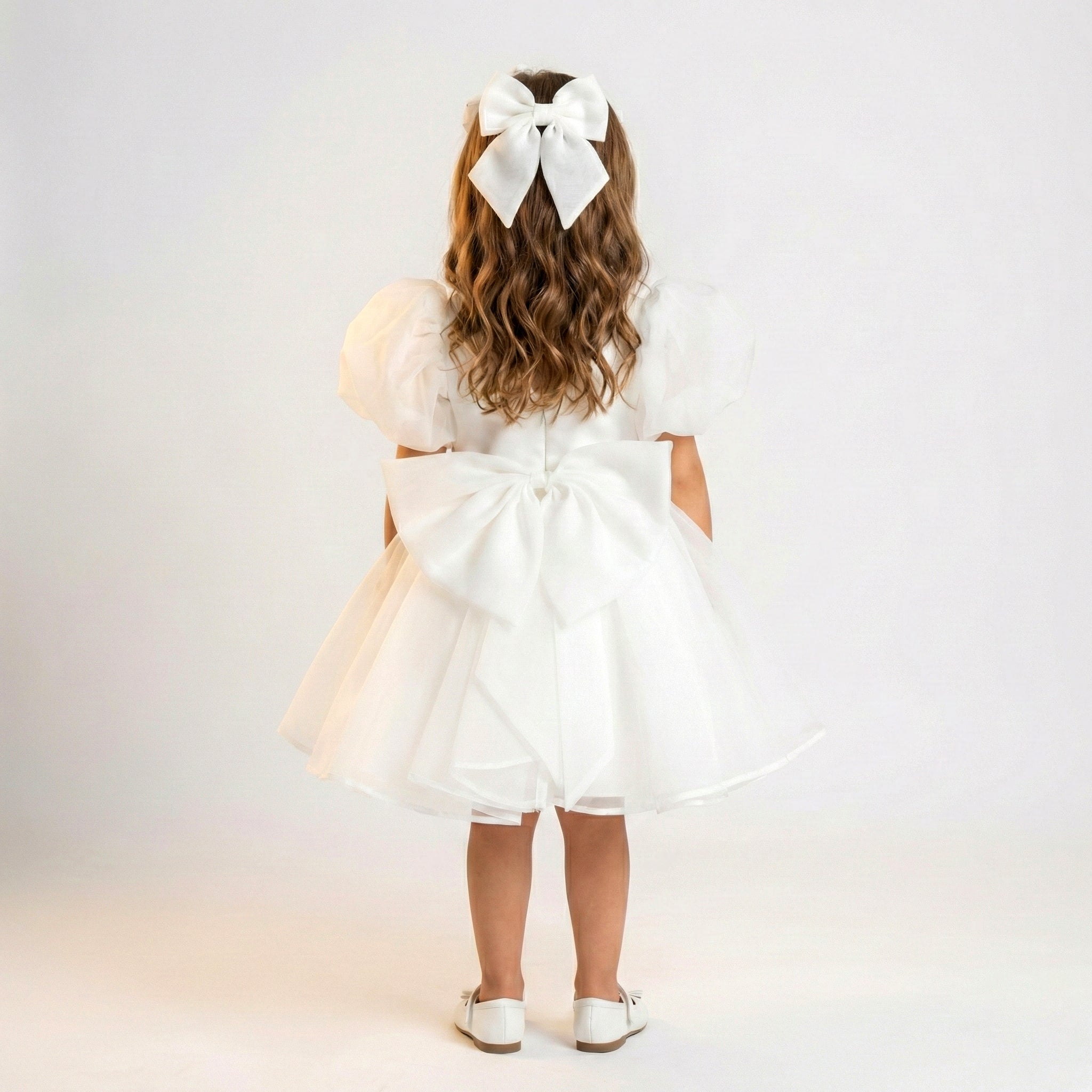 Toddler Girls’ Organza Puff Sleeve Party Dress with Crystal Bow Detail