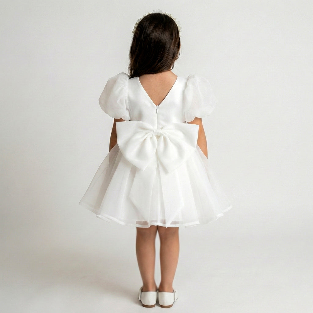 Girls’ Sheer Sleeve Organza Occasion Dress with Jewel-Accented Bow