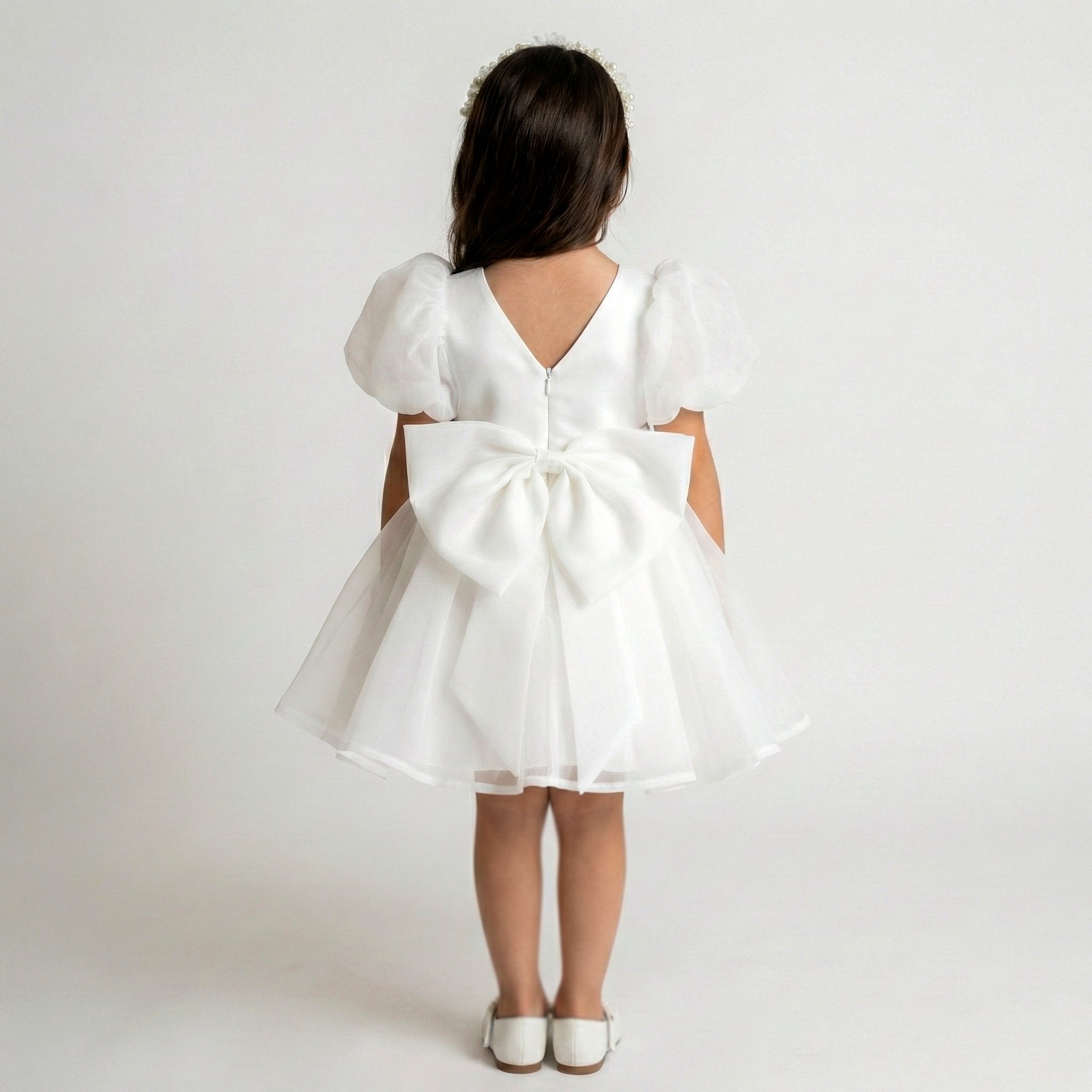 Girls’ Sheer Sleeve Organza Occasion Dress with Jewel-Accented Bow