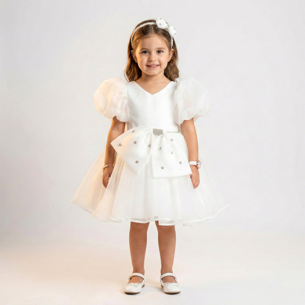 Toddler Girls’ Organza Puff Sleeve Party Dress with Crystal Bow Detail