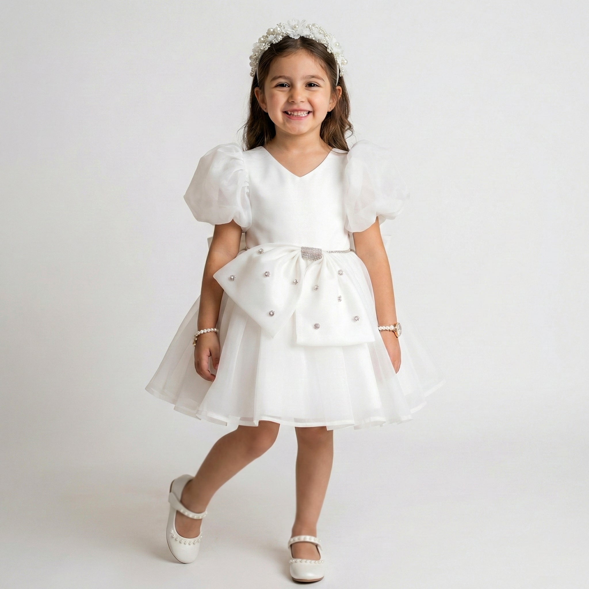 Girls' Organza Party Dress with Puff Sleeves and Rhinestone-Studded Bow