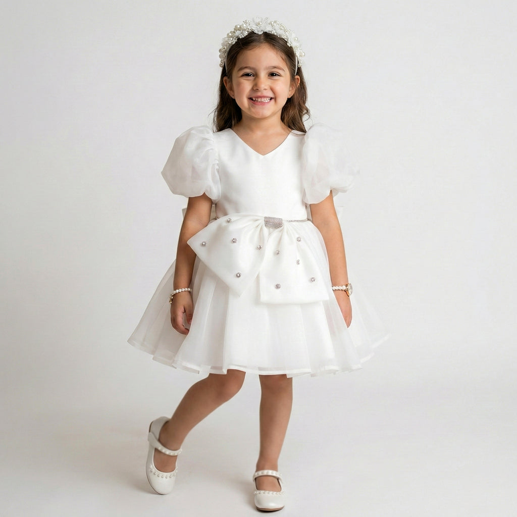Girls’ Sheer Sleeve Organza Occasion Dress with Jewel-Accented Bow